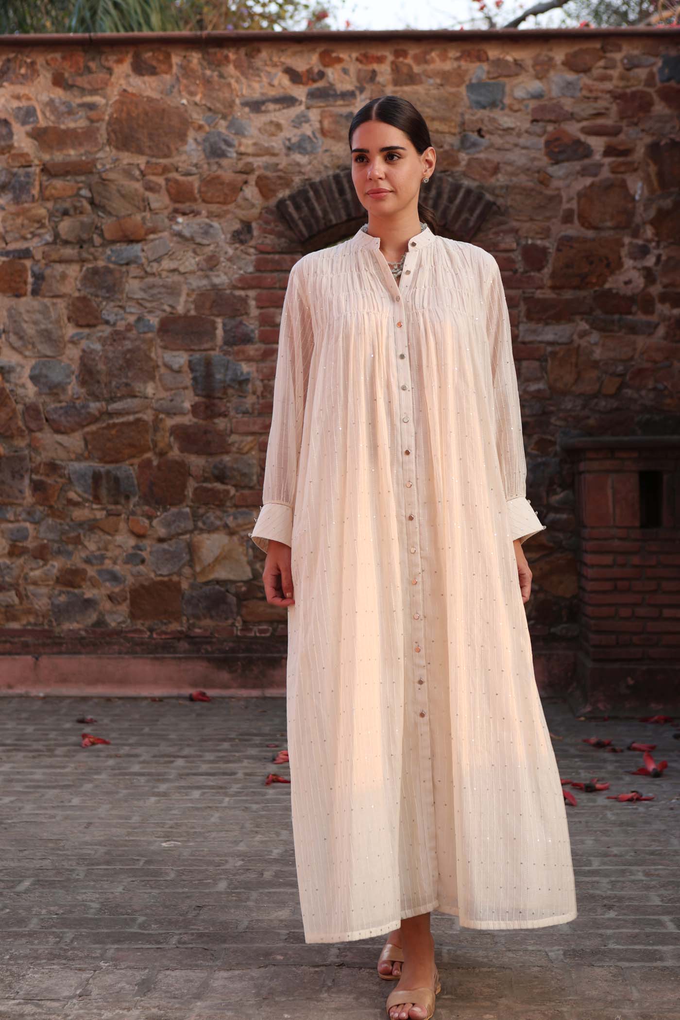 IVORY PURE SILK-COTTON SEQUINNED FRONT-OPEN COLLARED LONG KURTA-PANTS SET