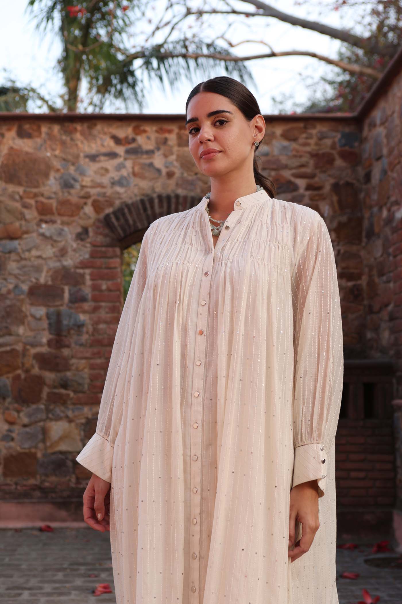 IVORY PURE SILK-COTTON SEQUINNED FRONT-OPEN COLLARED LONG KURTA-PANTS SET