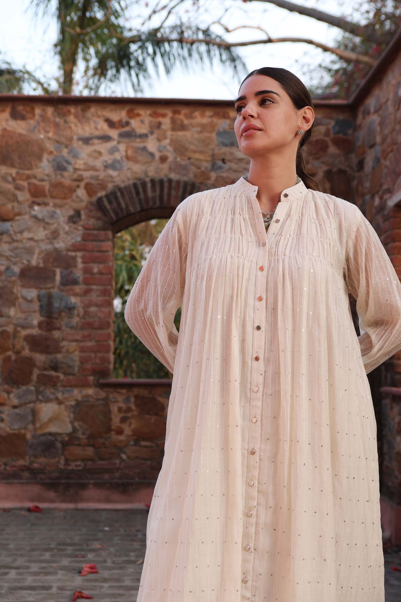 IVORY PURE SILK-COTTON SEQUINNED FRONT-OPEN COLLARED LONG KURTA-PANTS SET