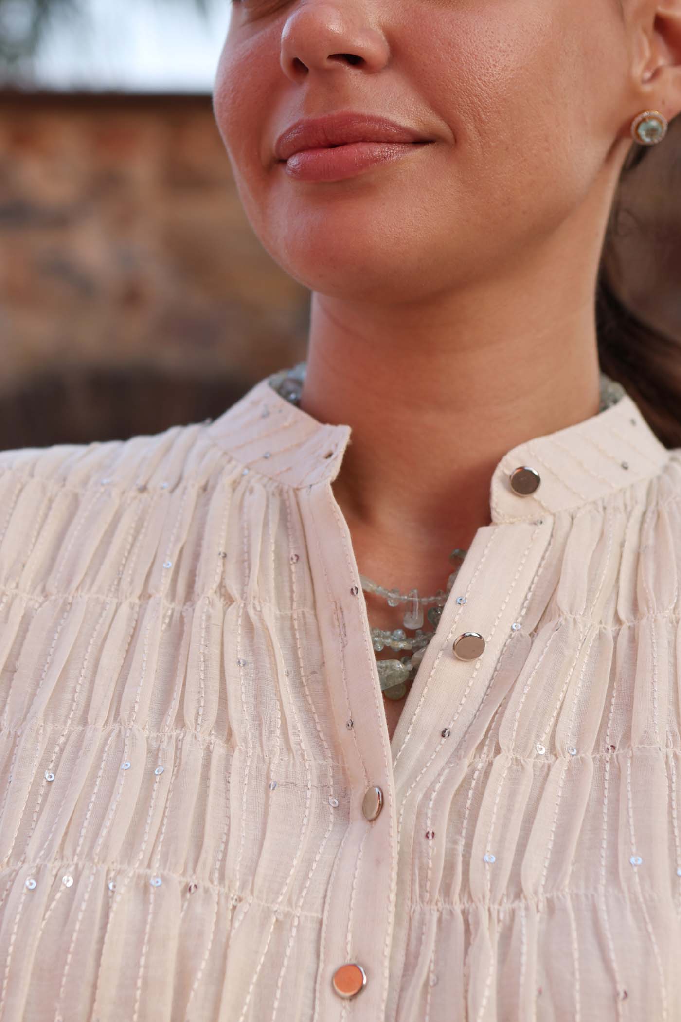 IVORY PURE SILK-COTTON SEQUINNED FRONT-OPEN COLLARED LONG KURTA-PANTS SET