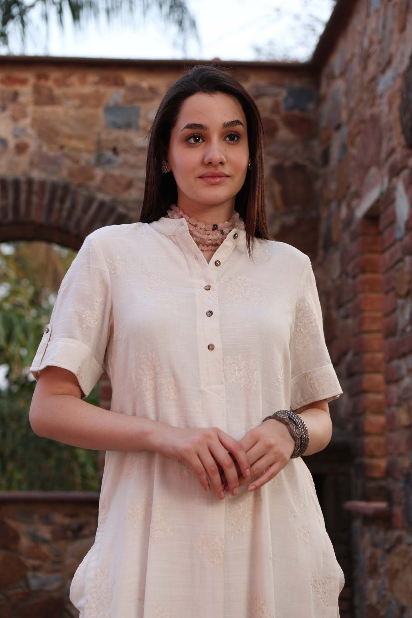 Ivory Embroidered Pure Cotton Collared Short-Sleeved Kurta-Pants Set