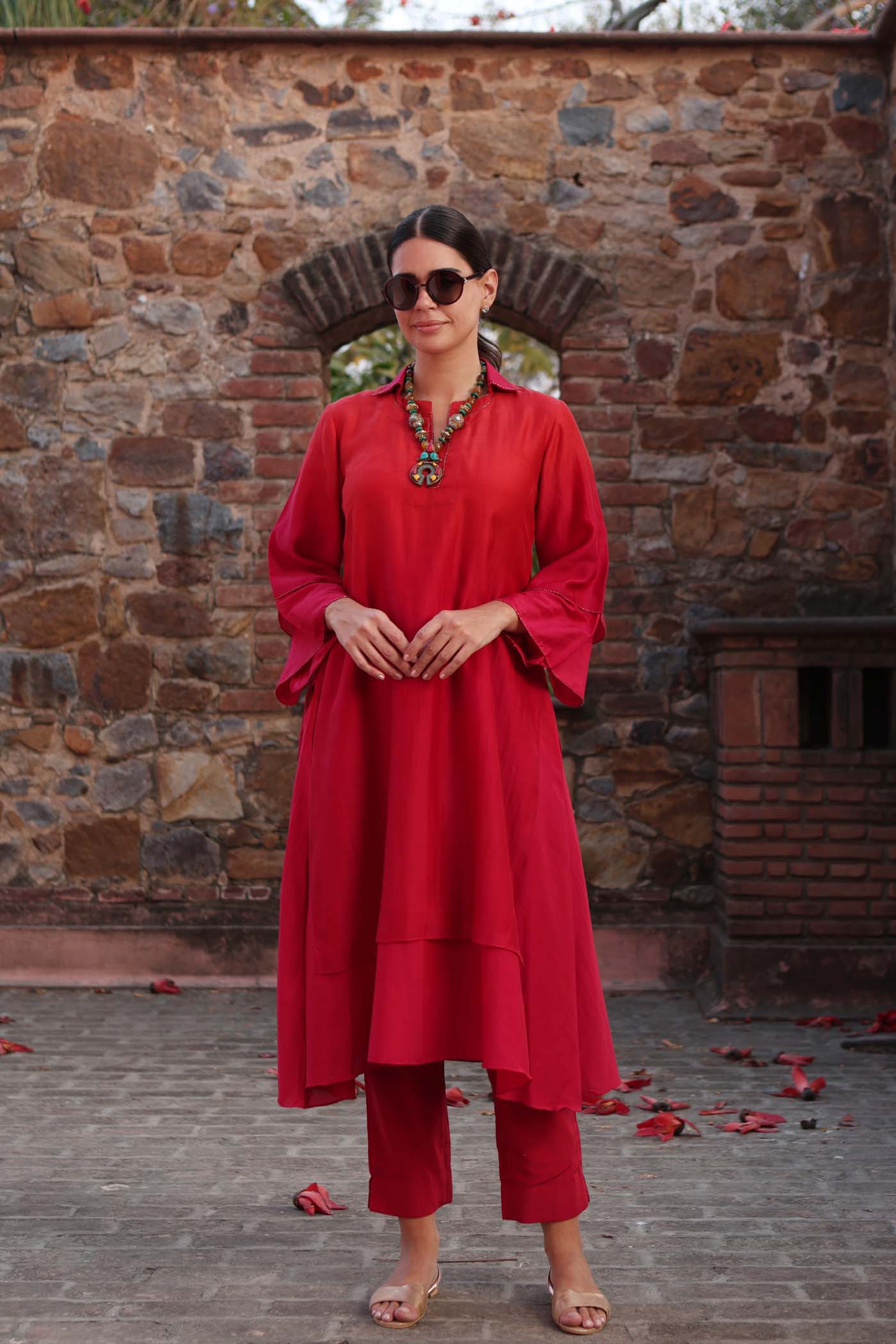 Orange-Red Ombre Double-Layered Collared Pure Cotton-Silk Kurta-Pants Set
