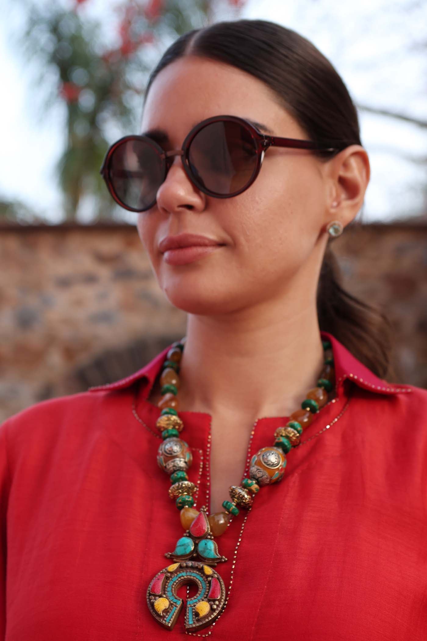 Orange-Red Ombre Double-Layered Collared Pure Cotton-Silk Kurta-Pants Set