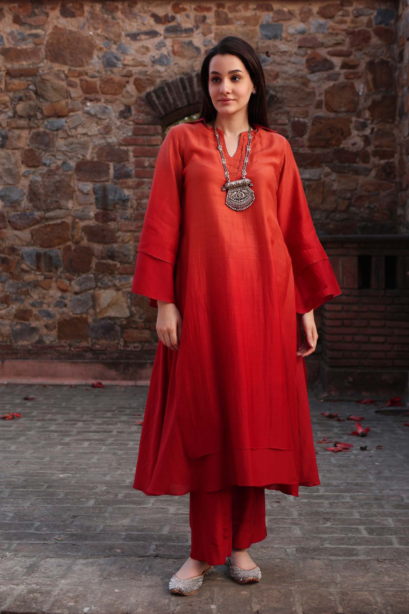 Red-Pink Ombre Double-Layered Collared Pure Cotton-Silk Kurta-Pants Set