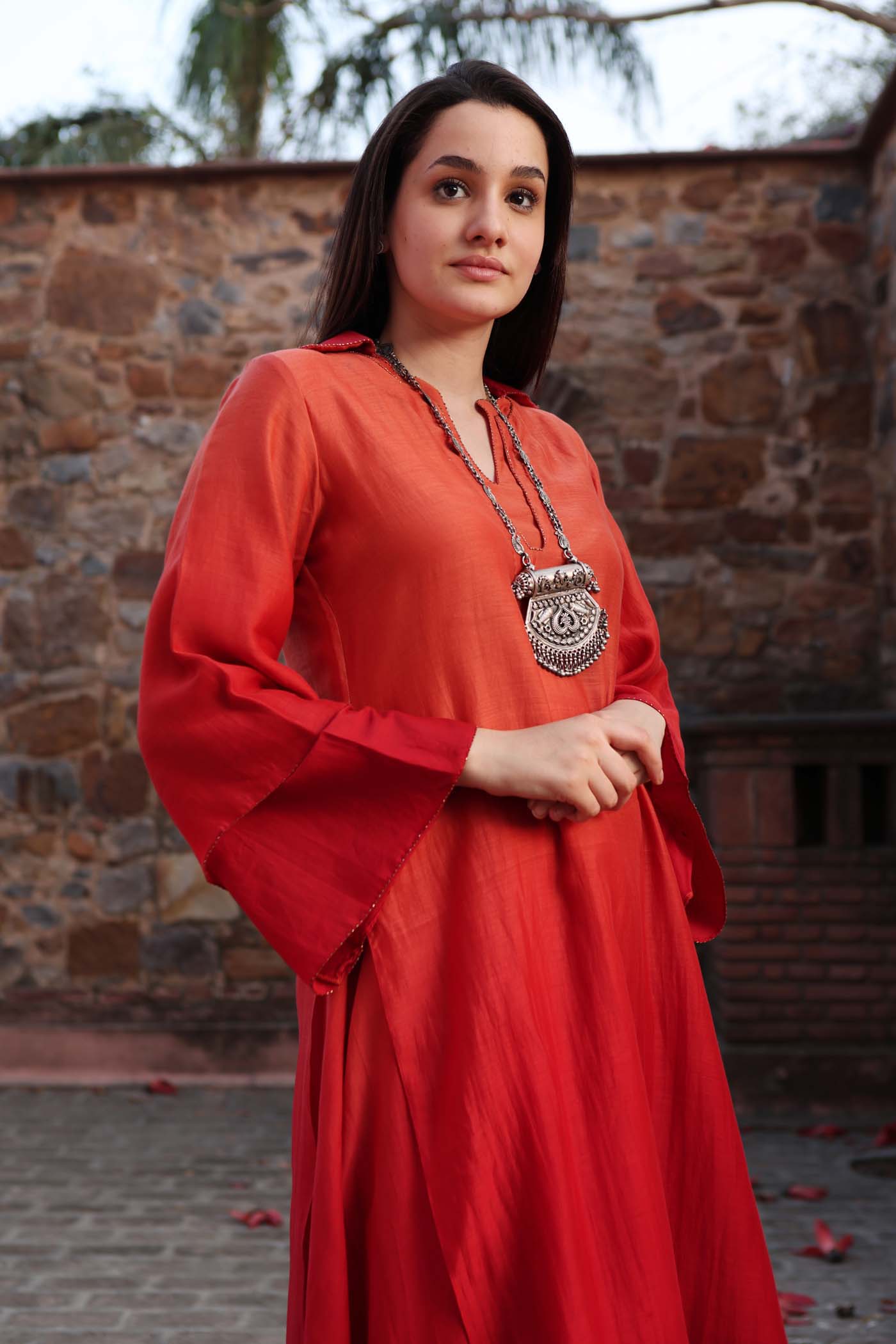 Red-Pink Ombre Double-Layered Collared Pure Cotton-Silk Kurta-Pants Set