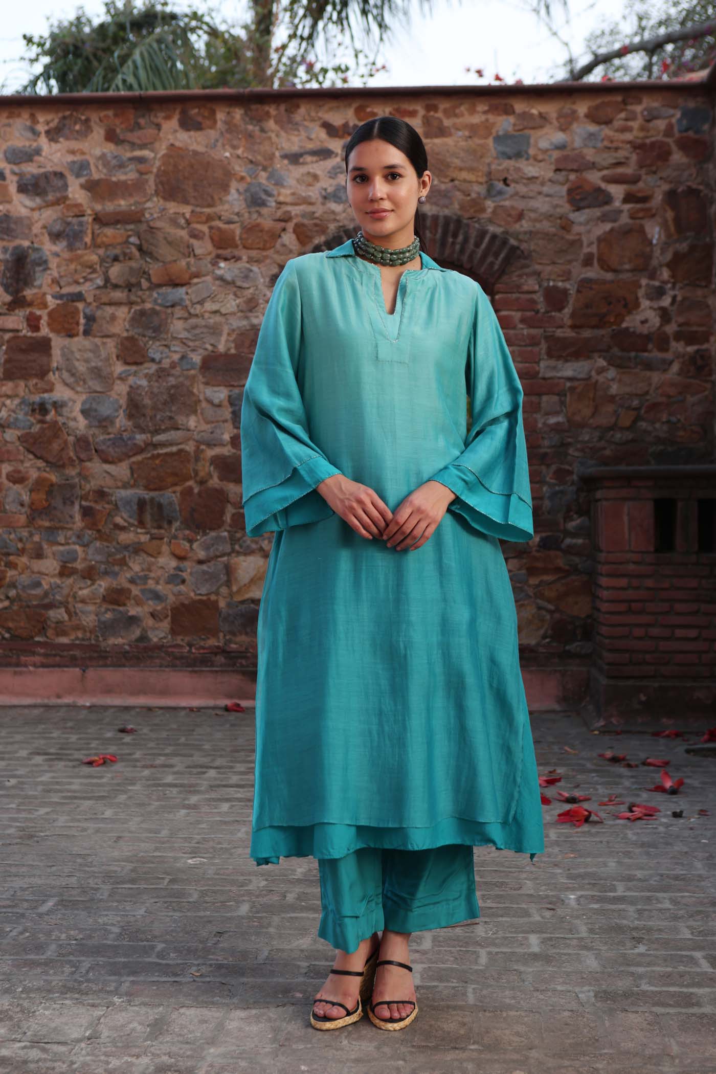 Sea-Blue Ombre Double-Layered Collared Pure Cotton-Silk Kurta-Pants Set