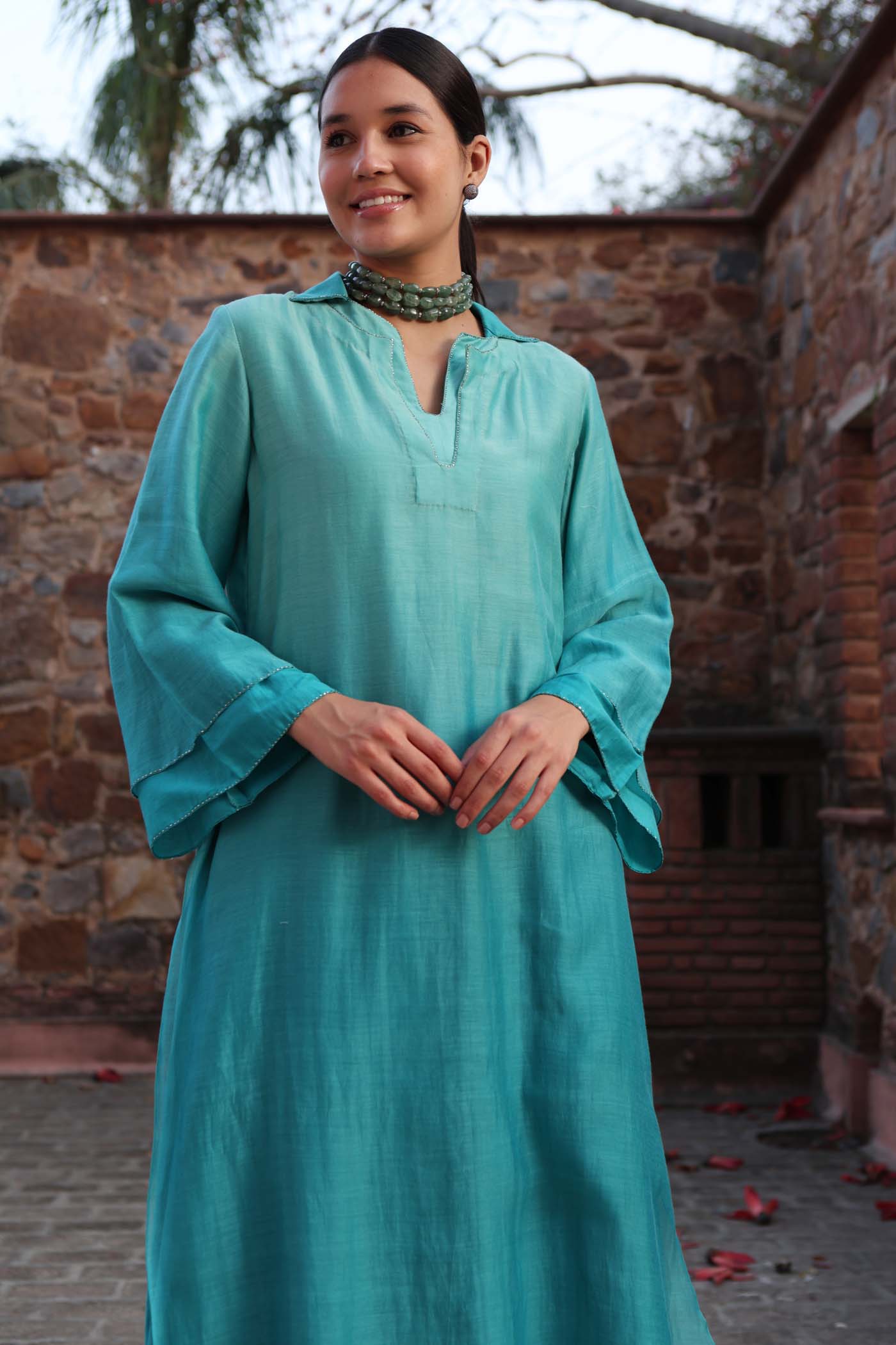 Sea-Blue Ombre Double-Layered Collared Pure Cotton-Silk Kurta-Pants Set