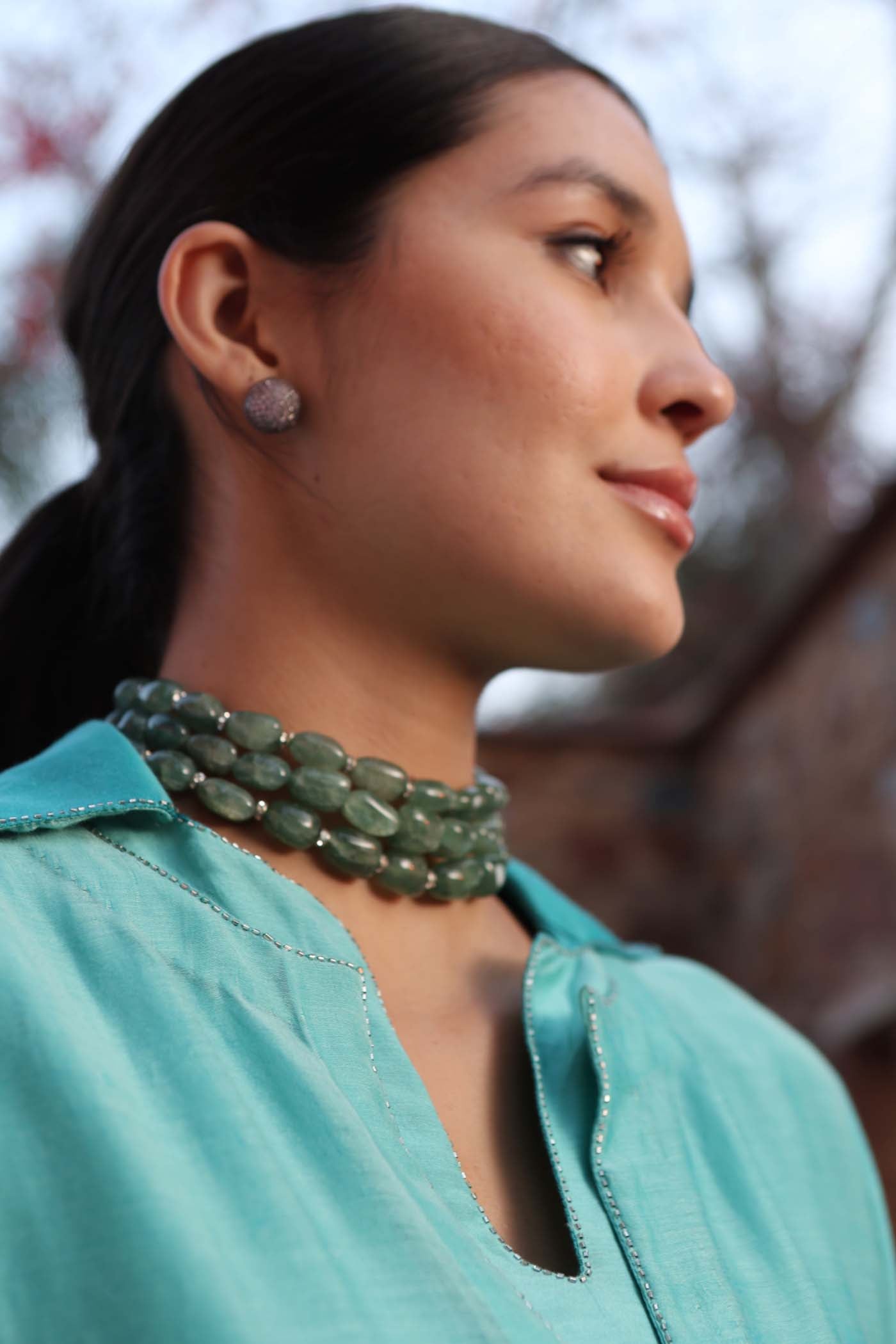 Sea-Blue Ombre Double-Layered Collared Pure Cotton-Silk Kurta-Pants Set