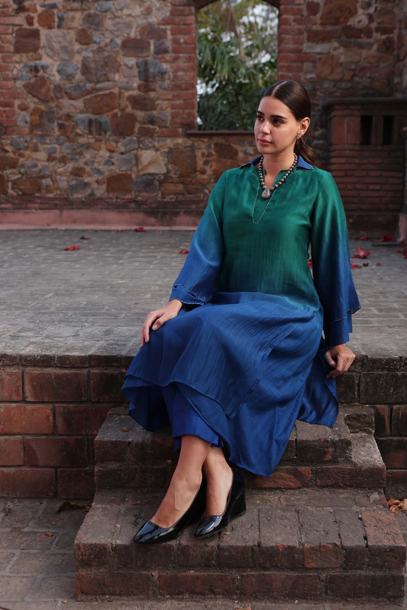Peacock Blue-Green Ombre Double-Layered Collared Pure Cotton-Silk Kurta-Pants Set