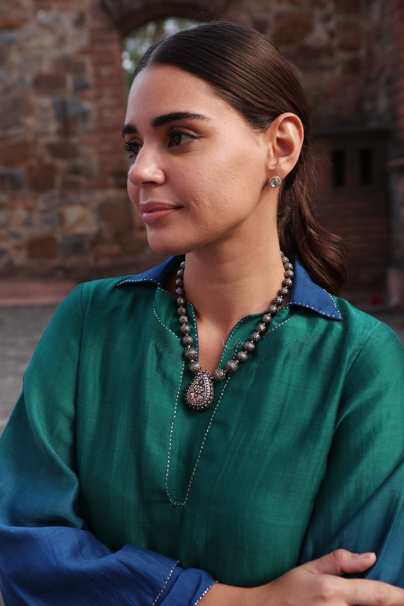 Peacock Blue-Green Ombre Double-Layered Collared Pure Cotton-Silk Kurta-Pants Set