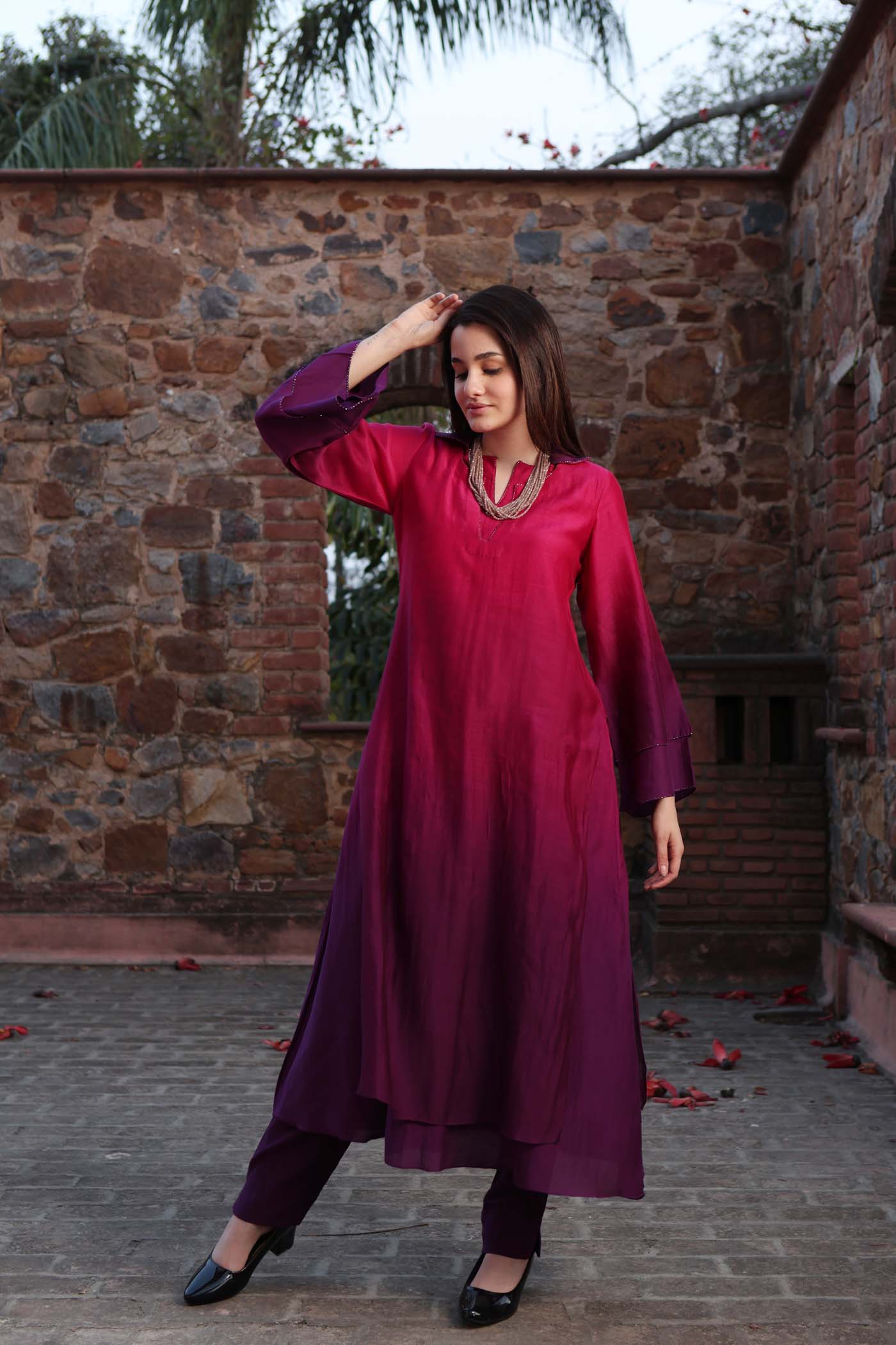 Pink-Purple Ombre Double-Layered Collared Pure Cotton-Silk Kurta-Pants Set