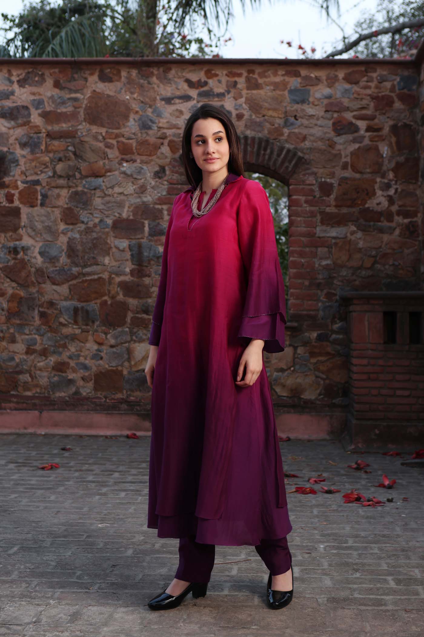 Pink-Purple Ombre Double-Layered Collared Pure Cotton-Silk Kurta-Pants Set