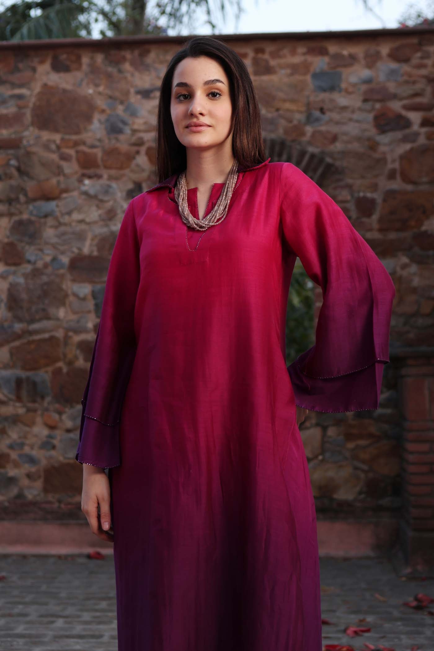 Pink-Purple Ombre Double-Layered Collared Pure Cotton-Silk Kurta-Pants Set