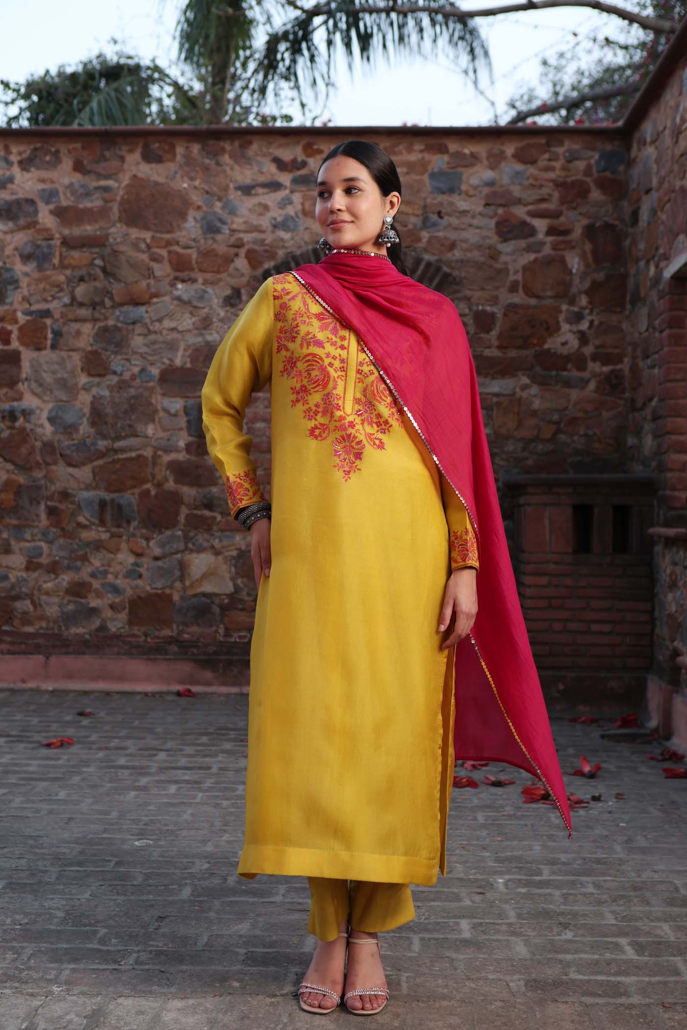 Lime-Green Hand-Embroidered Pure Silk-Organza Kurta-Pants Set