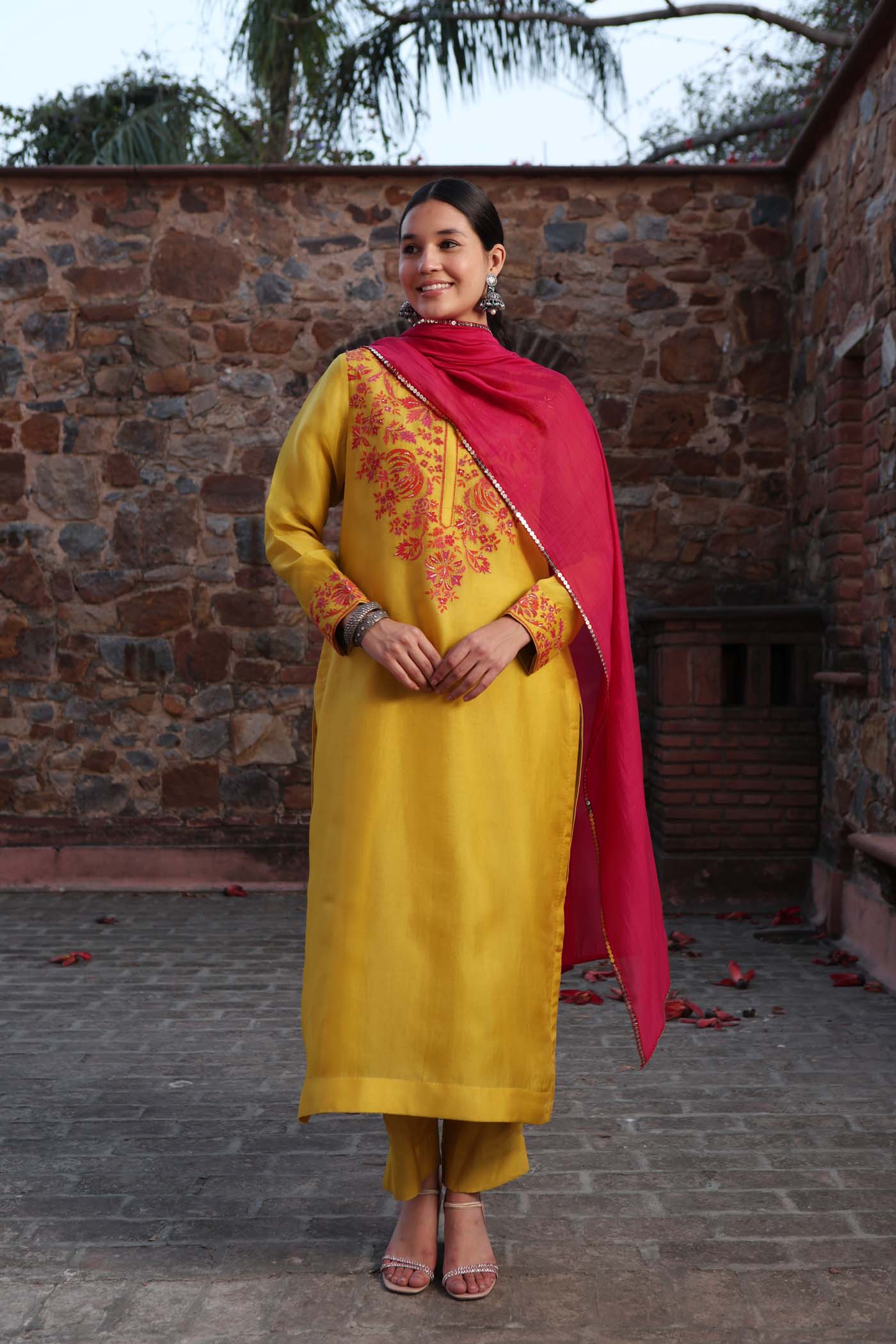 Lime-Green Hand-Embroidered Pure Silk-Organza Kurta-Pants Set