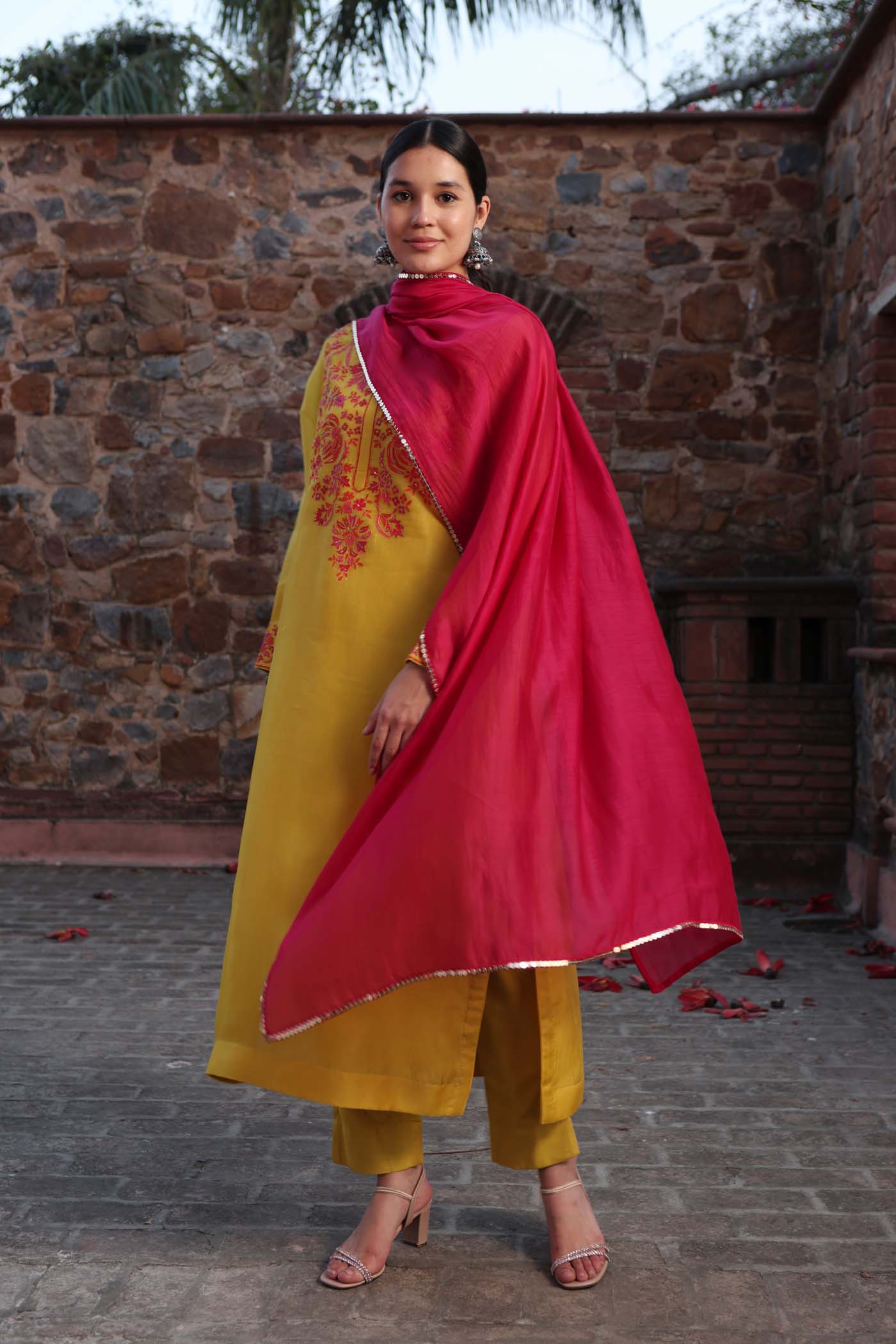 Lime-Green Hand-Embroidered Pure Silk-Organza Kurta-Pants Set