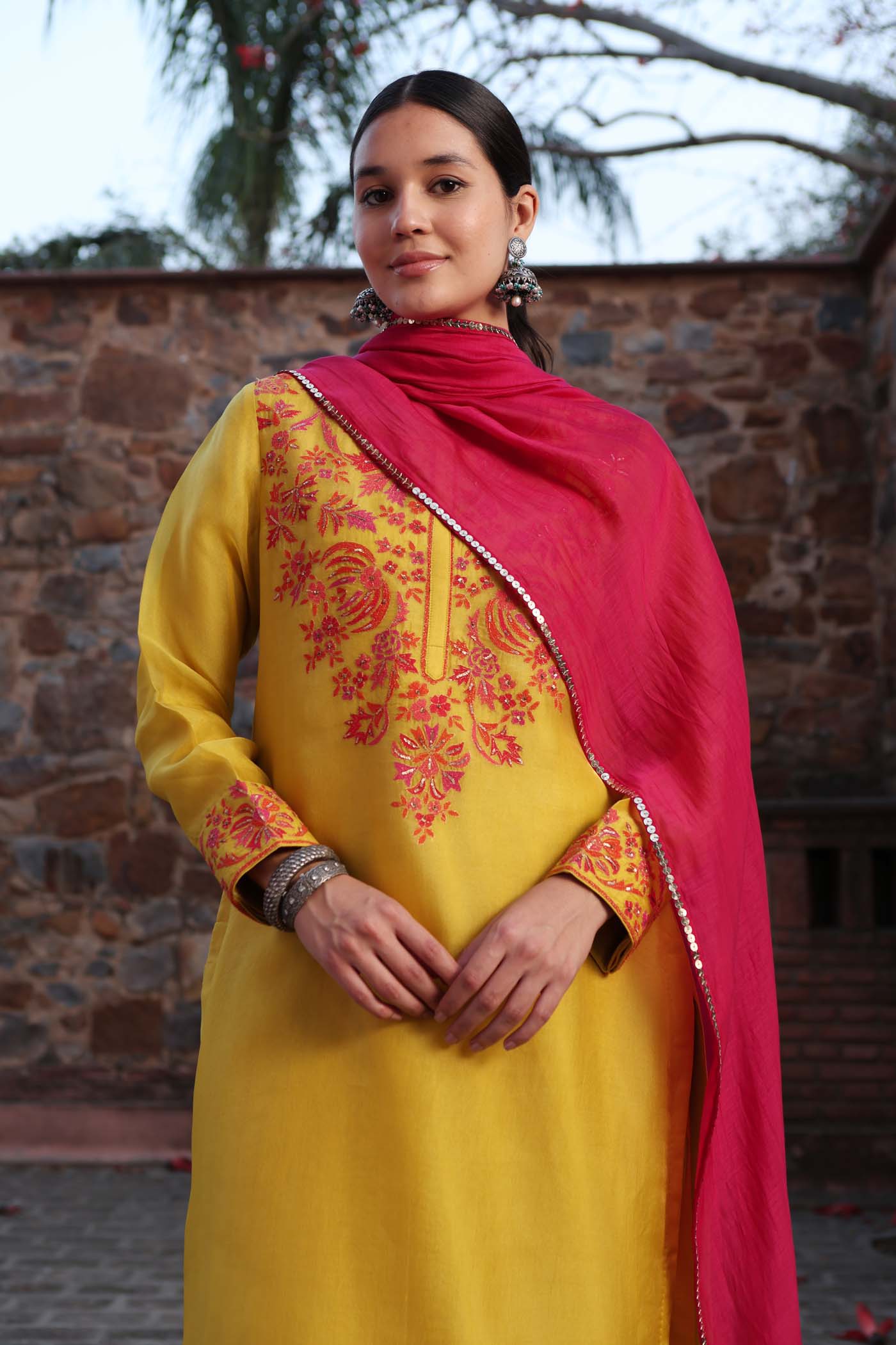 Lime-Green Hand-Embroidered Pure Silk-Organza Kurta-Pants Set