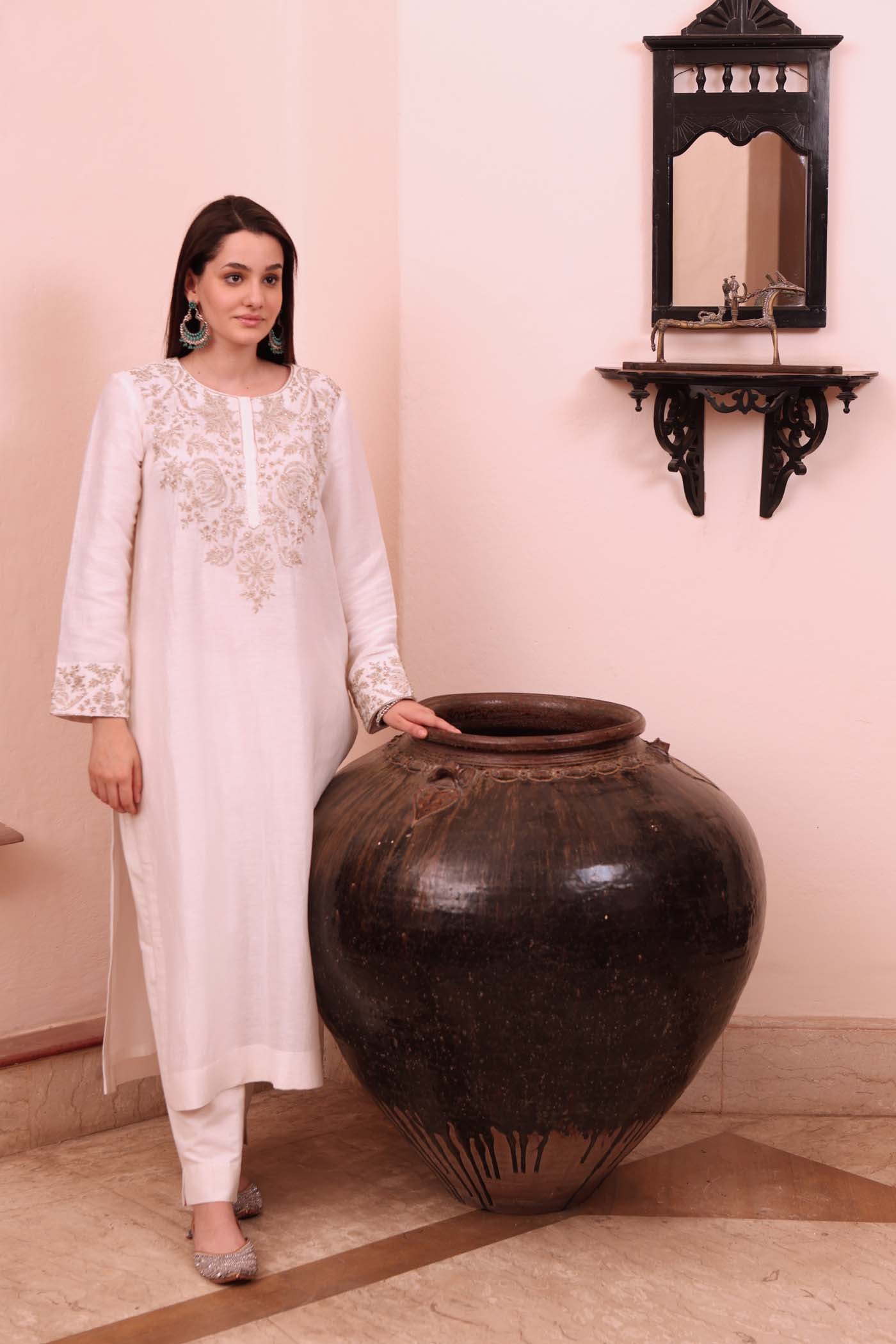 Ivory Hand-Embroidered Pure Silk-Linen Kurta-Pants Set