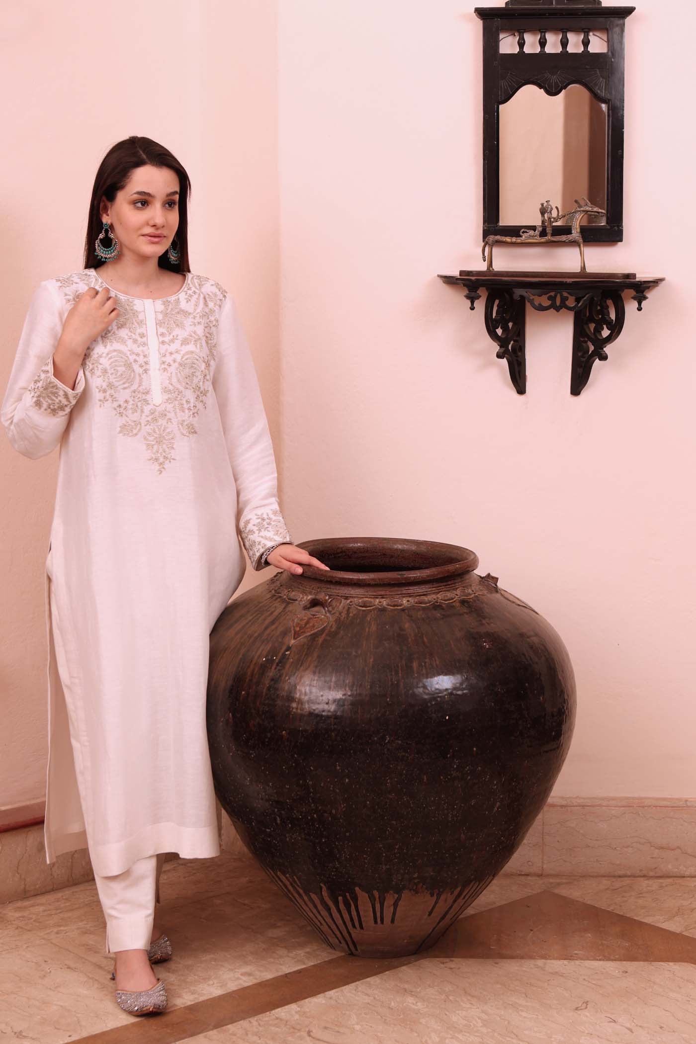 Ivory Hand-Embroidered Pure Silk-Linen Kurta-Pants Set