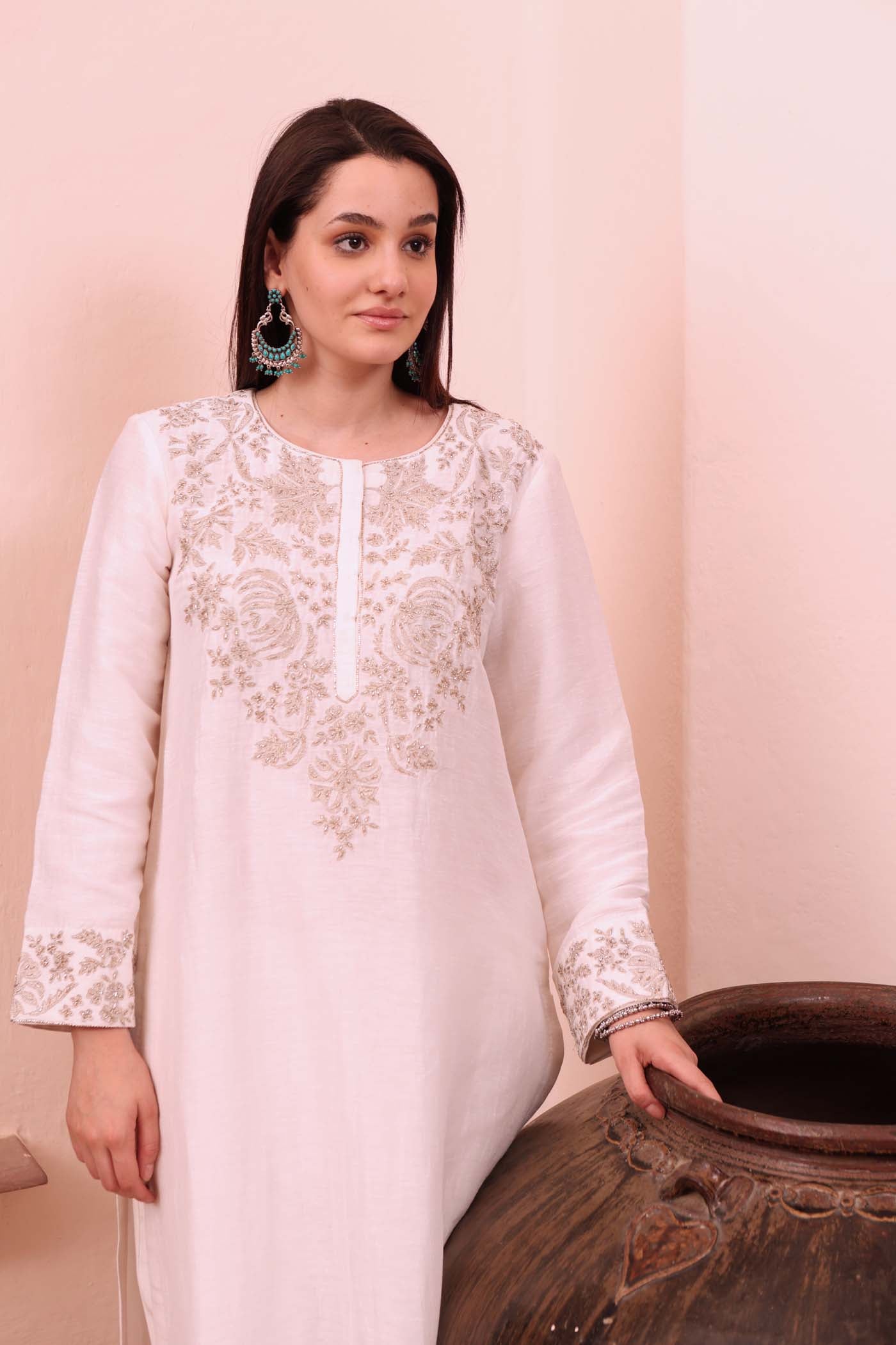 Ivory Hand-Embroidered Pure Silk-Linen Kurta-Pants Set