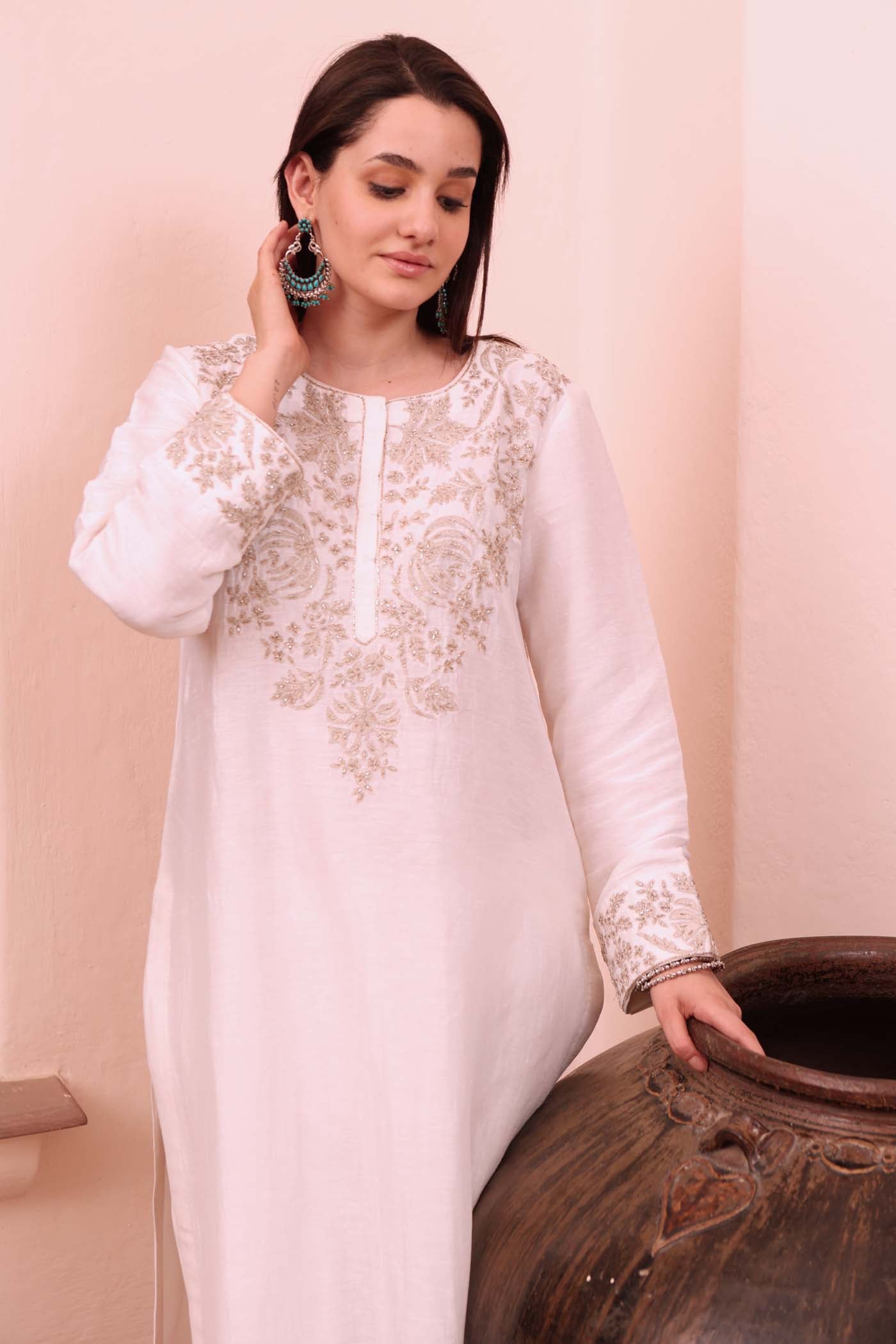 Ivory Hand-Embroidered Pure Silk-Linen Kurta-Pants Set