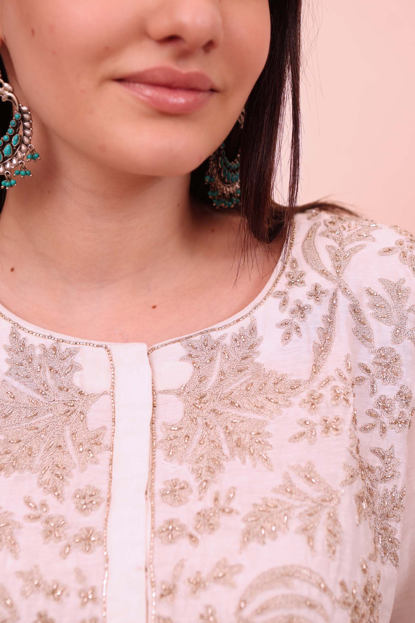 Ivory Hand-Embroidered Pure Silk-Linen Kurta-Pants Set