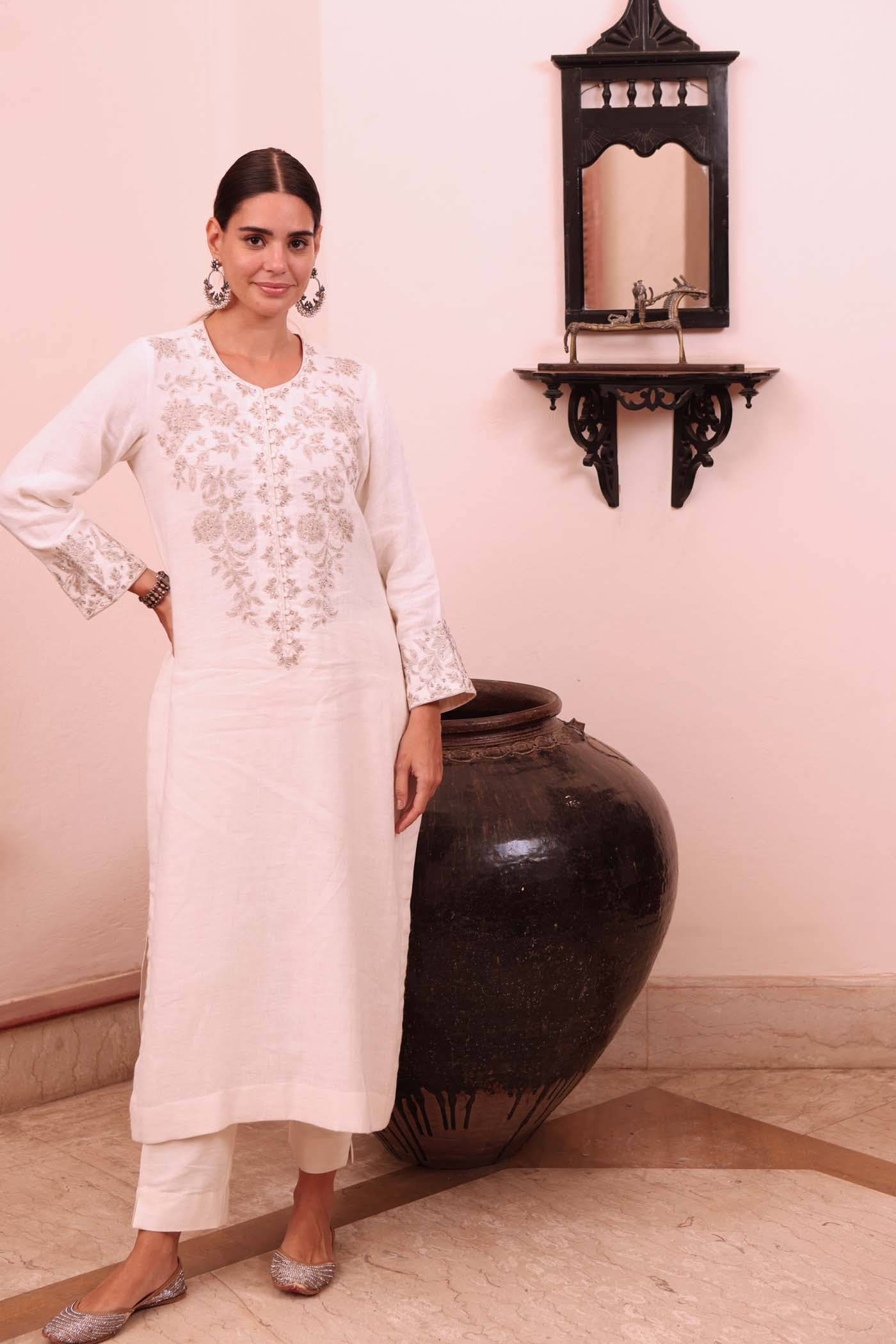 Ivory Hand-Embroidered Pure Silk-Linen Kurta-Pants Set
