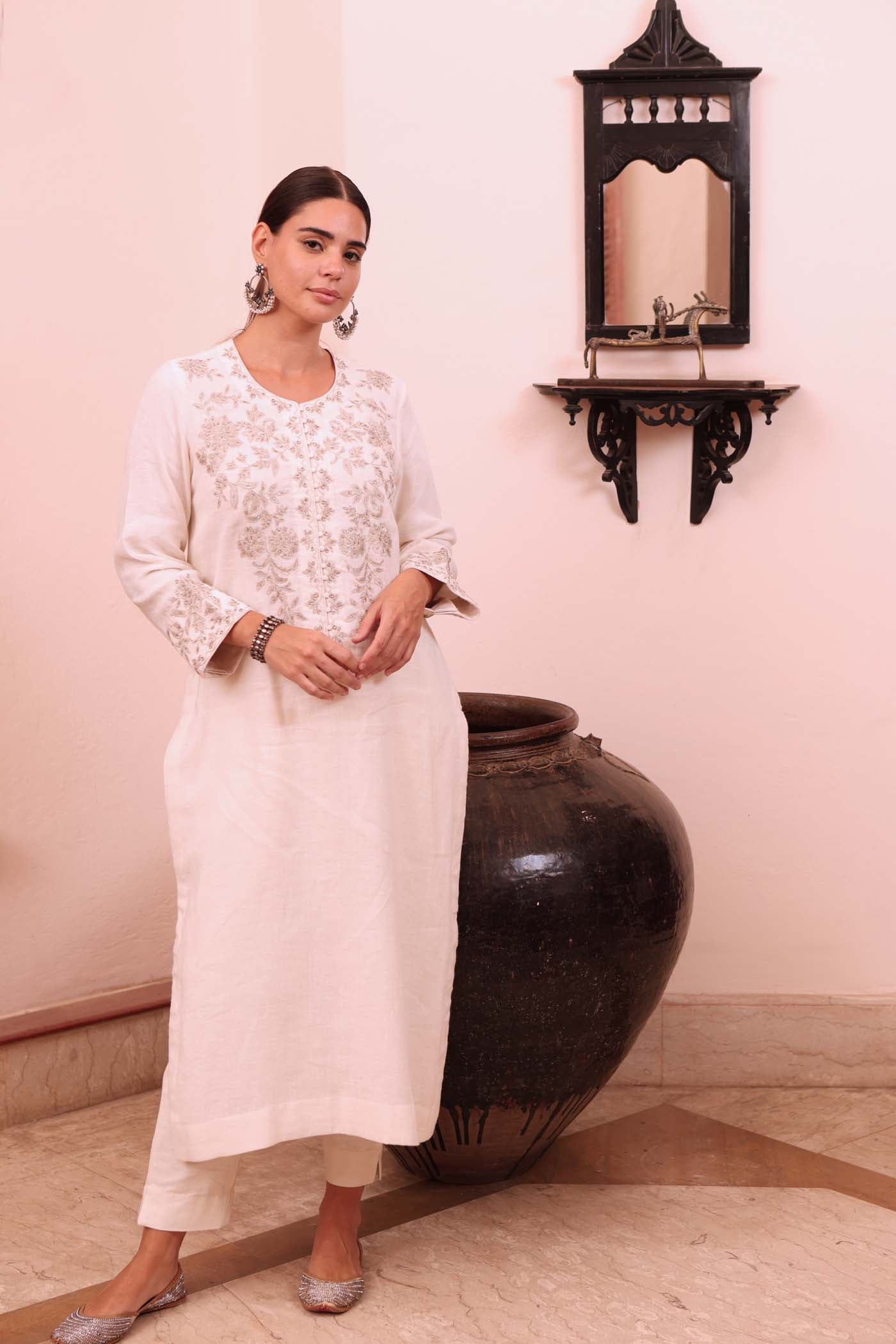 Ivory Hand-Embroidered Pure Silk-Linen Kurta-Pants Set