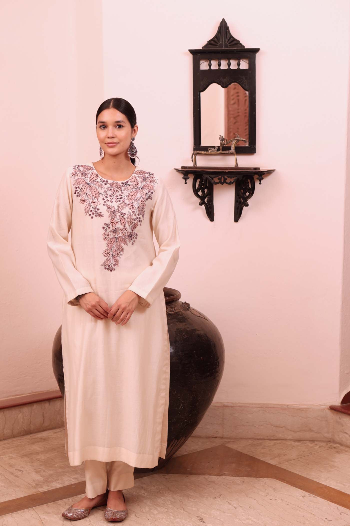 Ivory Embroidered (Applique & Cuwork) Pure Cotton-Silk Kurta-Pants Set