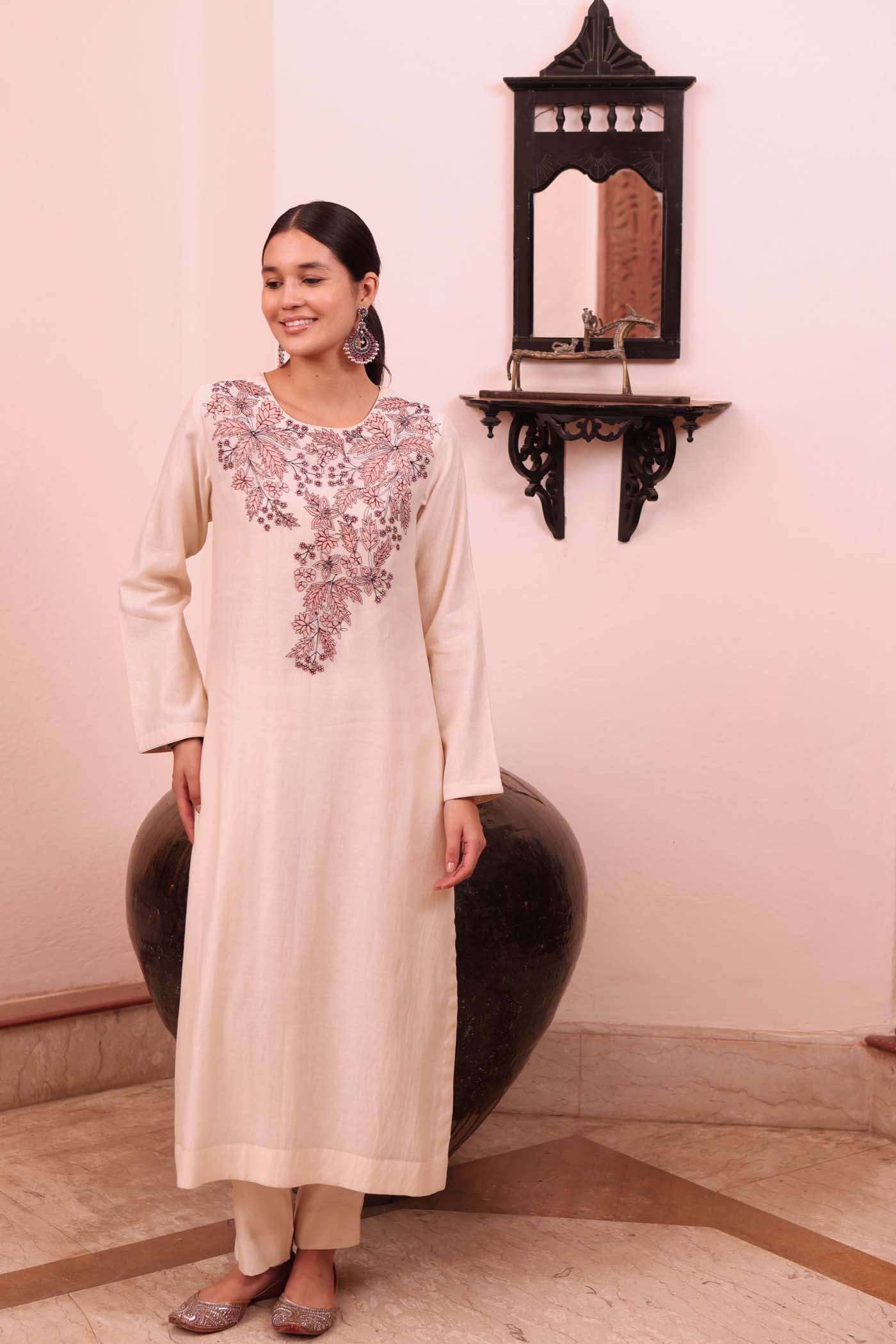 Ivory Embroidered (Applique & Cuwork) Pure Cotton-Silk Kurta-Pants Set