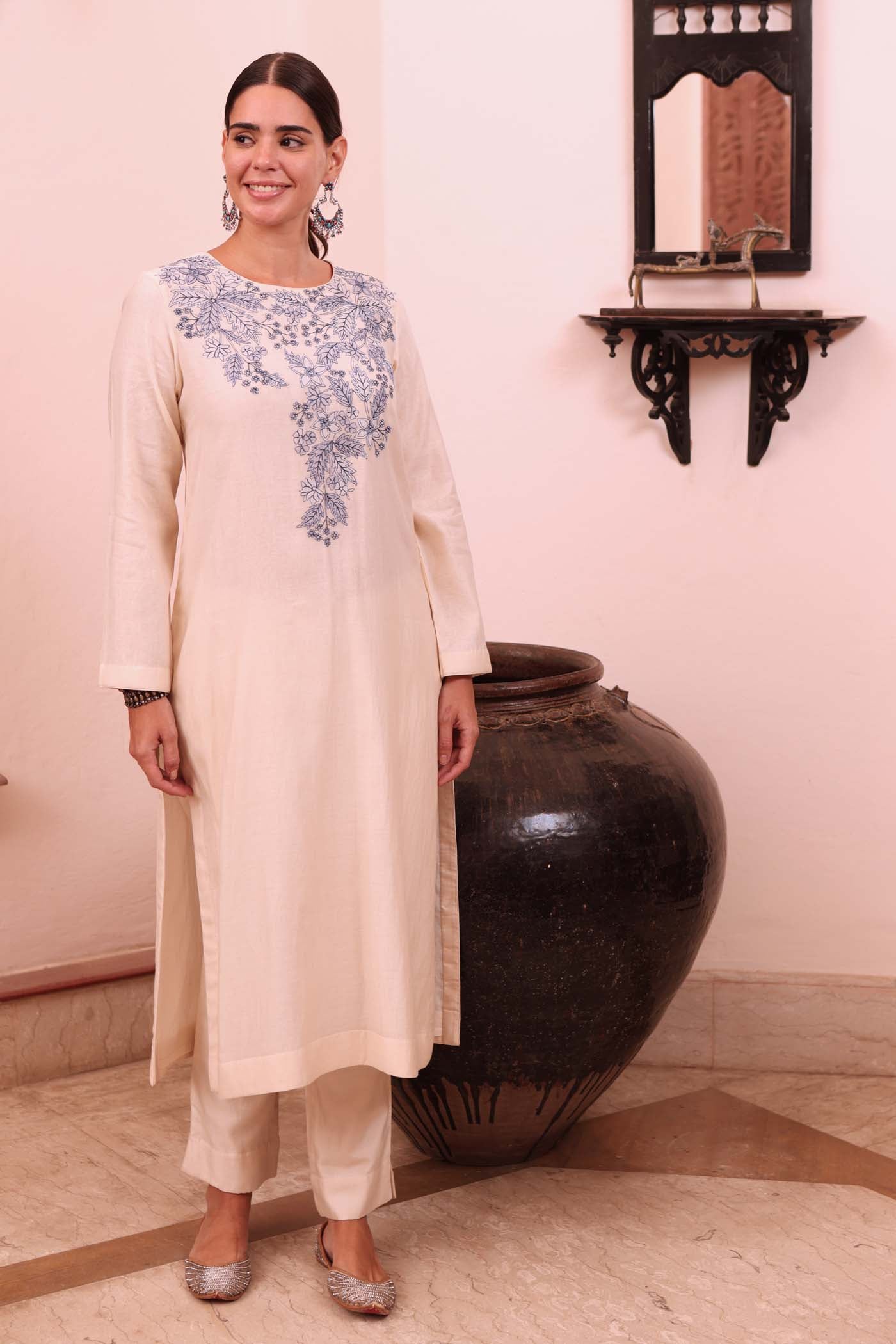 Ivory Embroidered (Applique & Cuwork) Pure Cotton-Silk Kurta-Pants Set