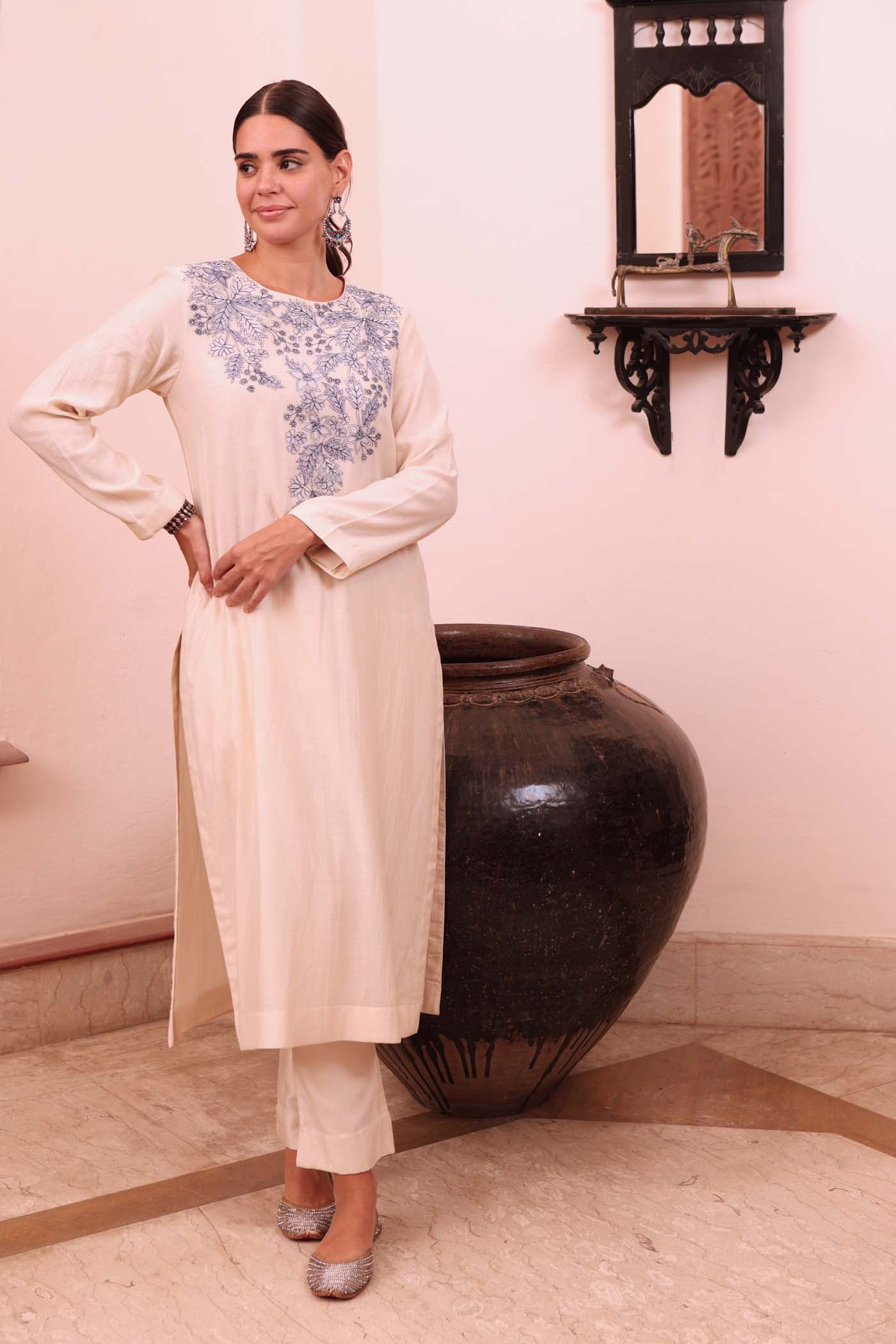 Ivory Embroidered (Applique & Cuwork) Pure Cotton-Silk Kurta-Pants Set