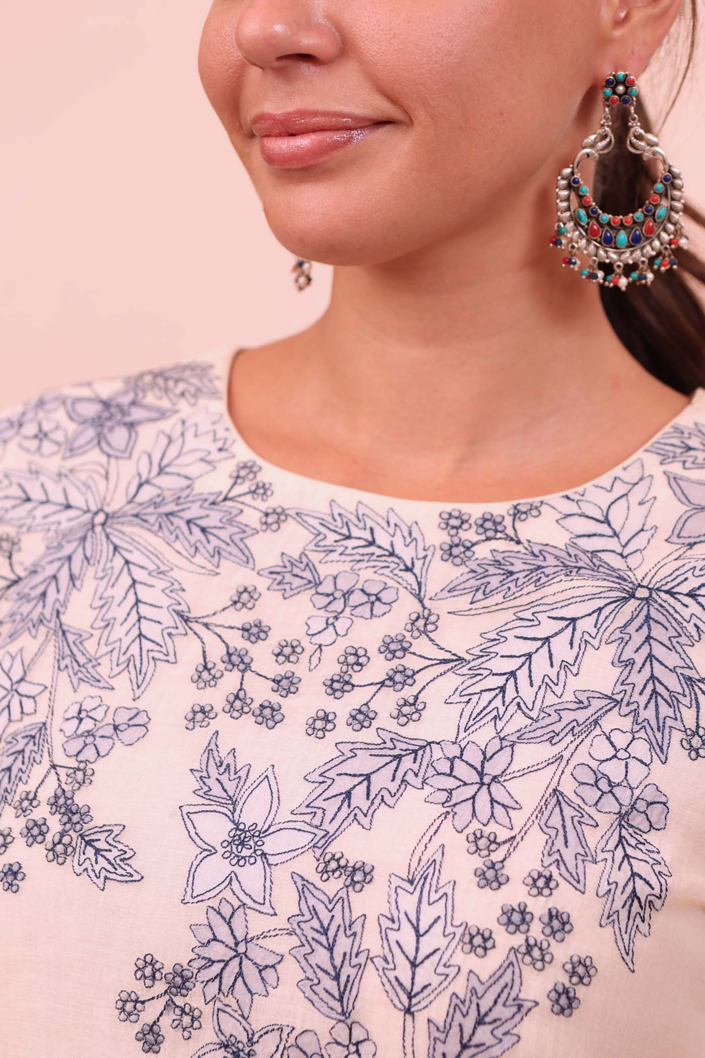 Ivory Embroidered (Applique & Cuwork) Pure Cotton-Silk Kurta-Pants Set