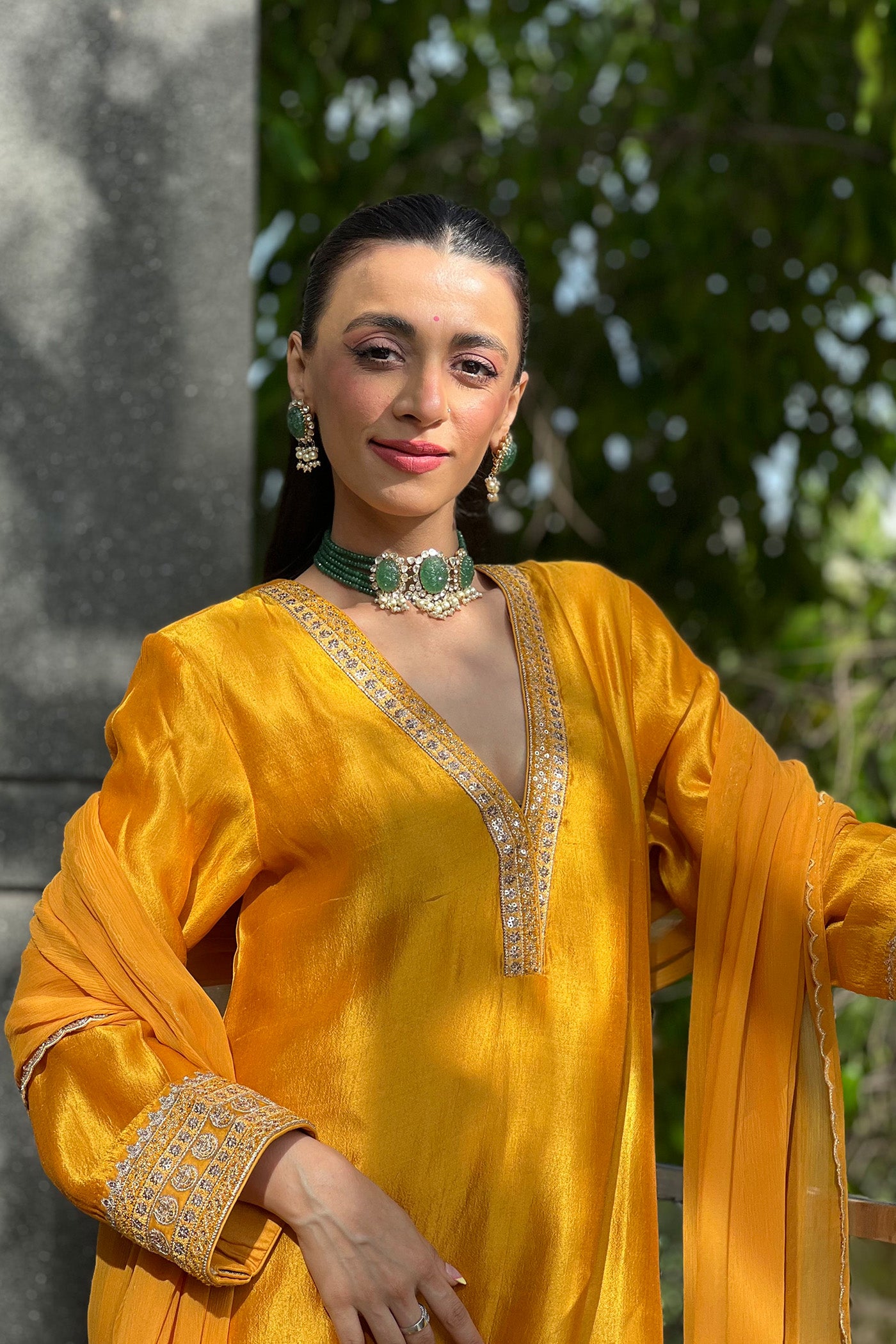 Mustard-Orange Embroidered Pure Silk Kurta-Pants Set