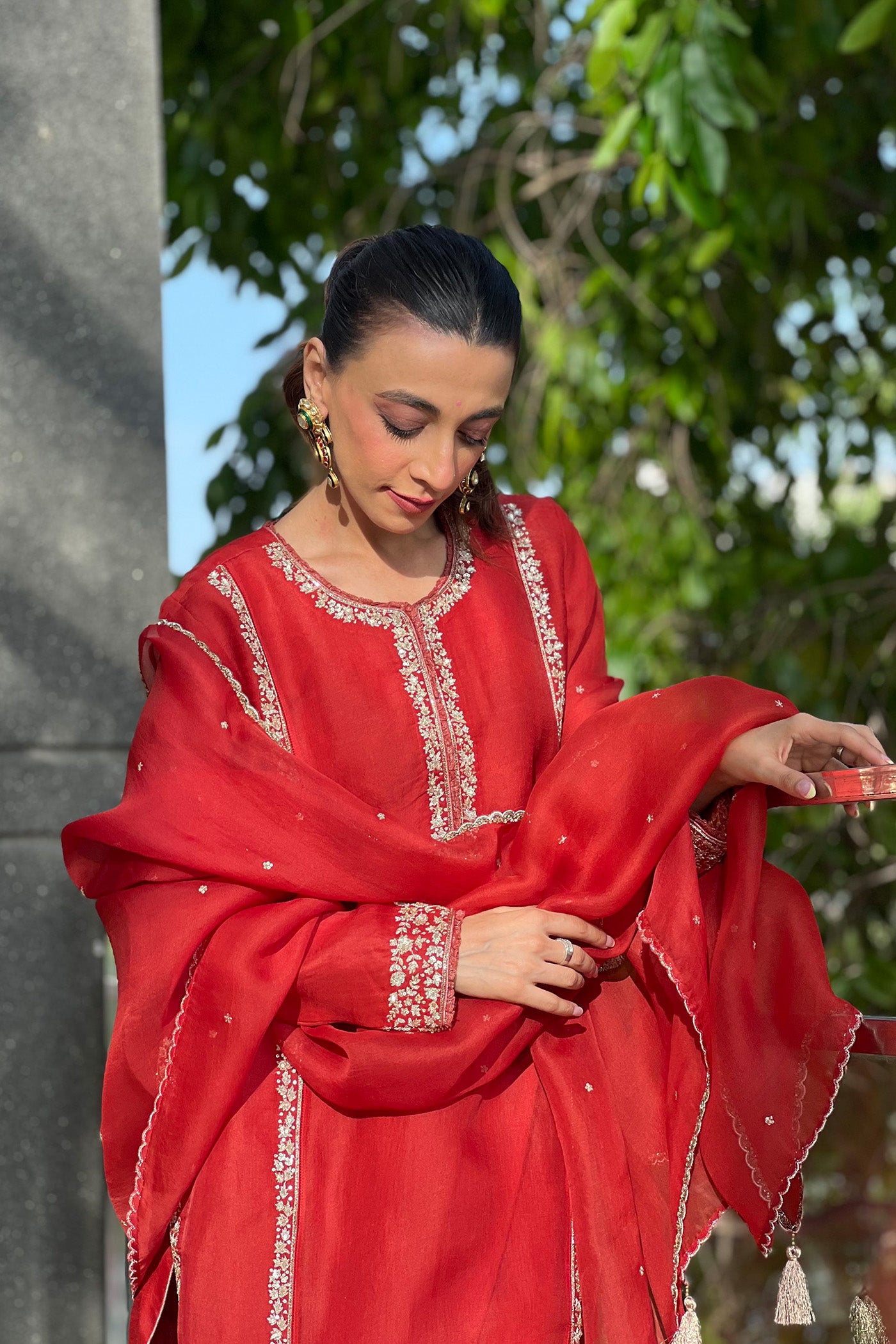 Hand Embroidered Salsa Maroon Pure Silk Organza Kurta Salwar Set