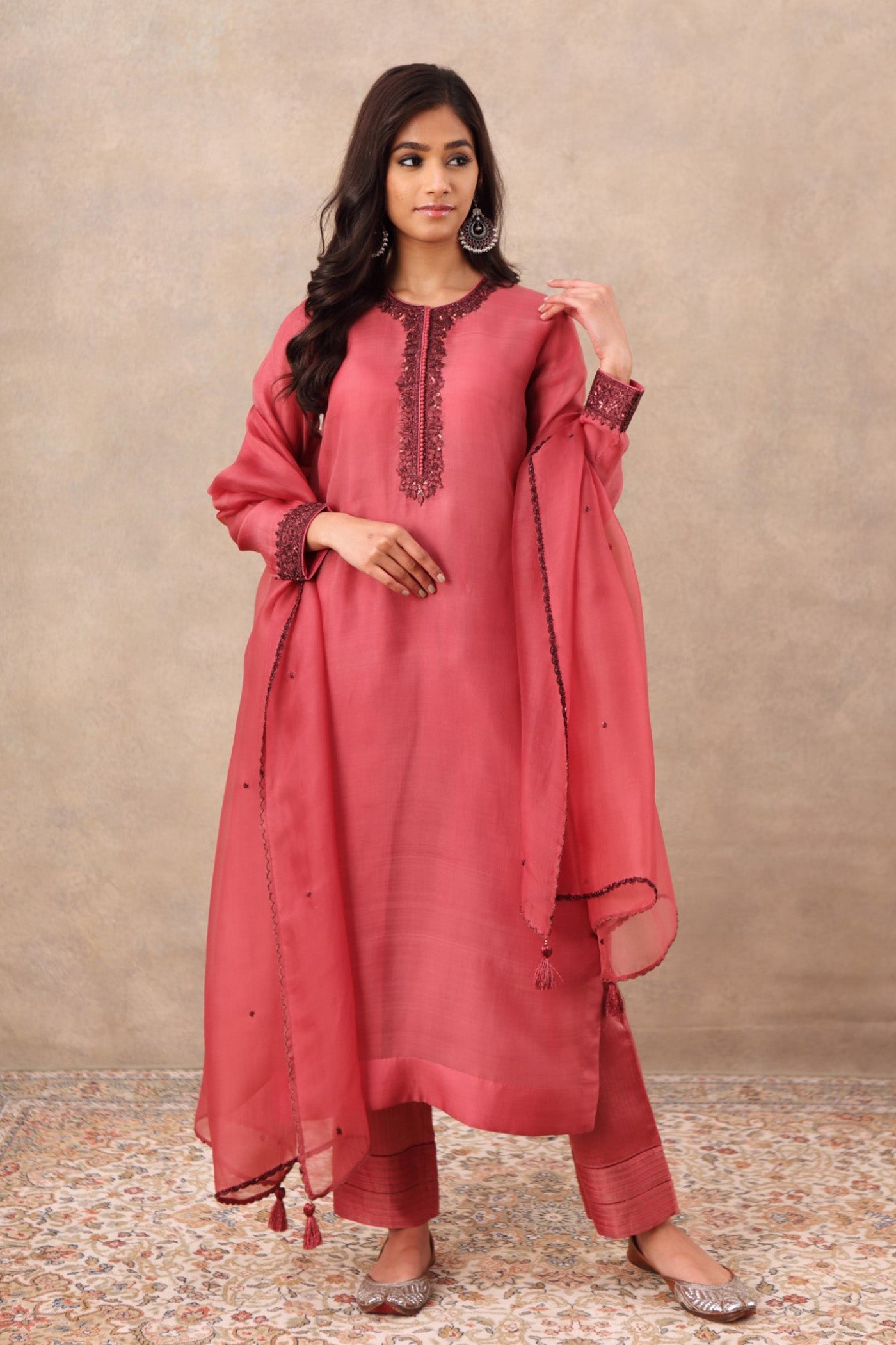 Hand Embroidered Garnet Rose Pure Katan Silk Kurta Pants Set