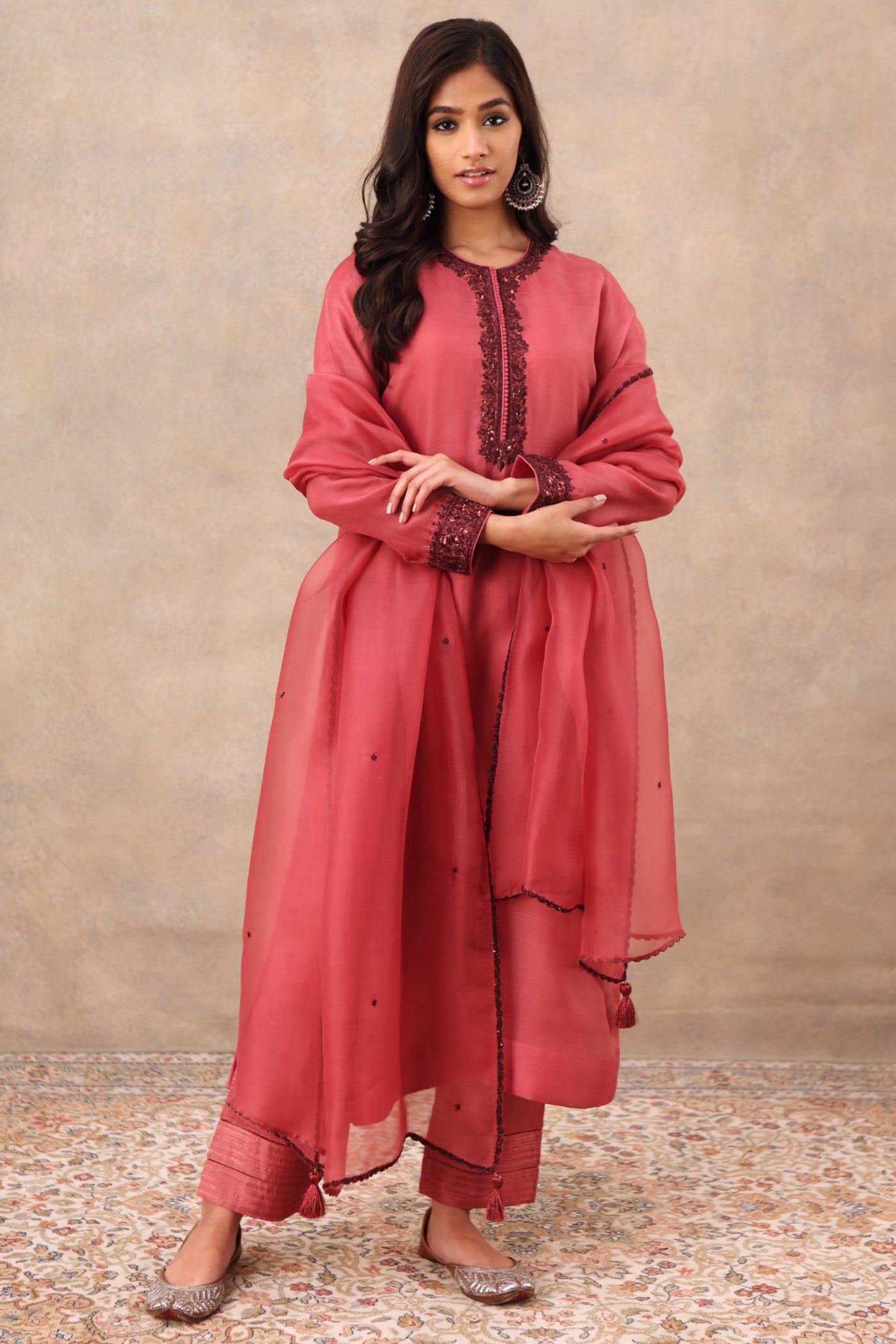 Hand Embroidered Garnet Rose Pure Katan Silk Kurta Pants Set