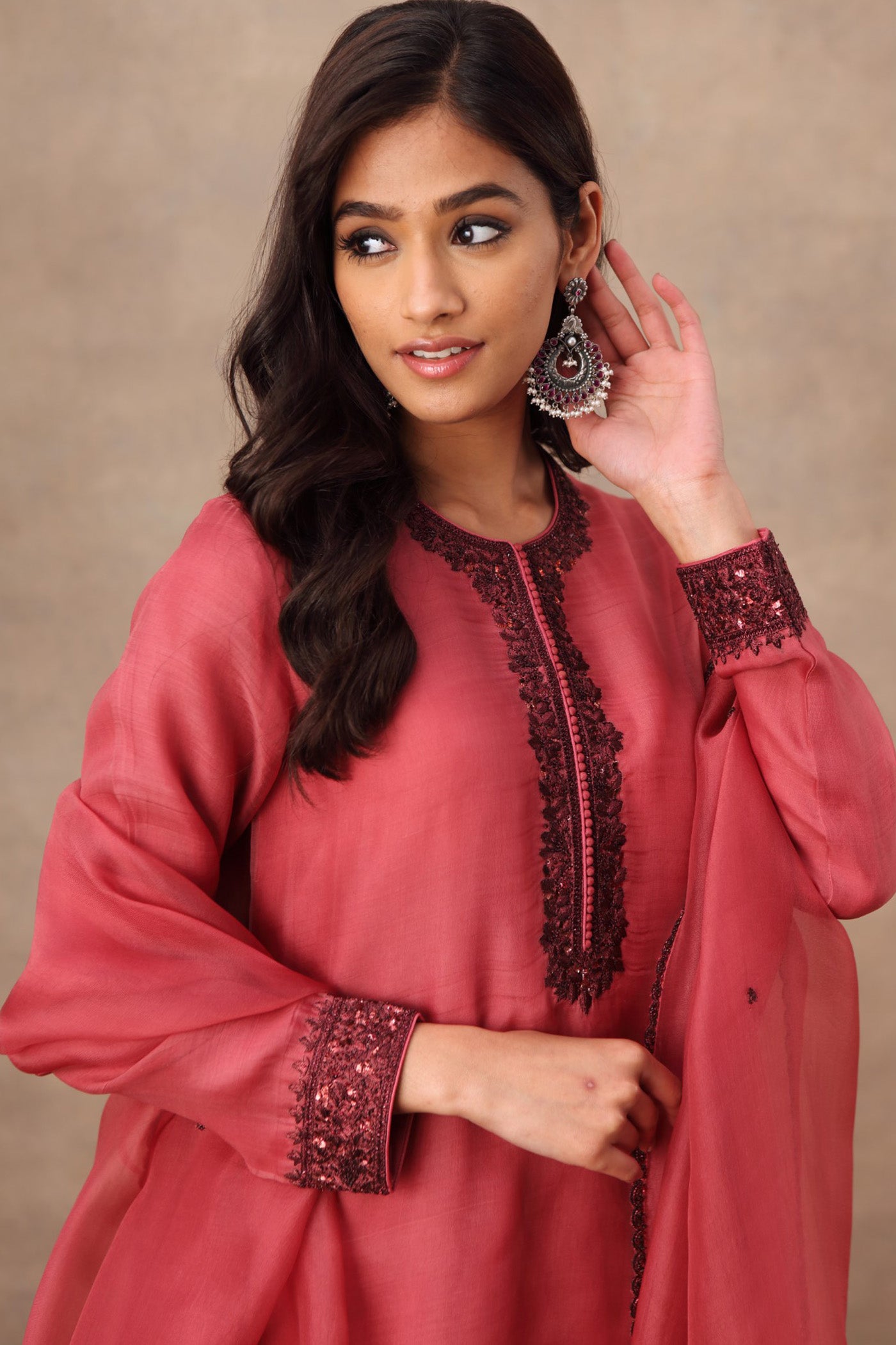Hand Embroidered Garnet Rose Pure Katan Silk Kurta Pants Set