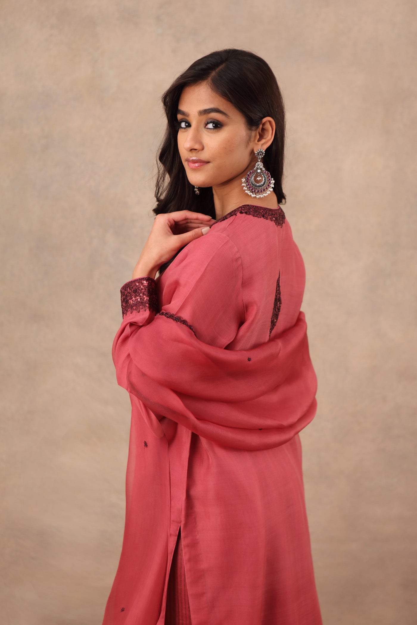 Hand Embroidered Garnet Rose Pure Katan Silk Kurta Pants Set