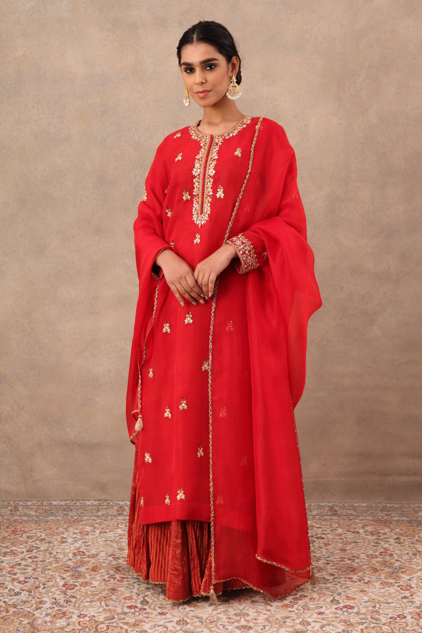 Hand Embroidered Bridal Red Pure Katan Silk Kurta Sharara Set