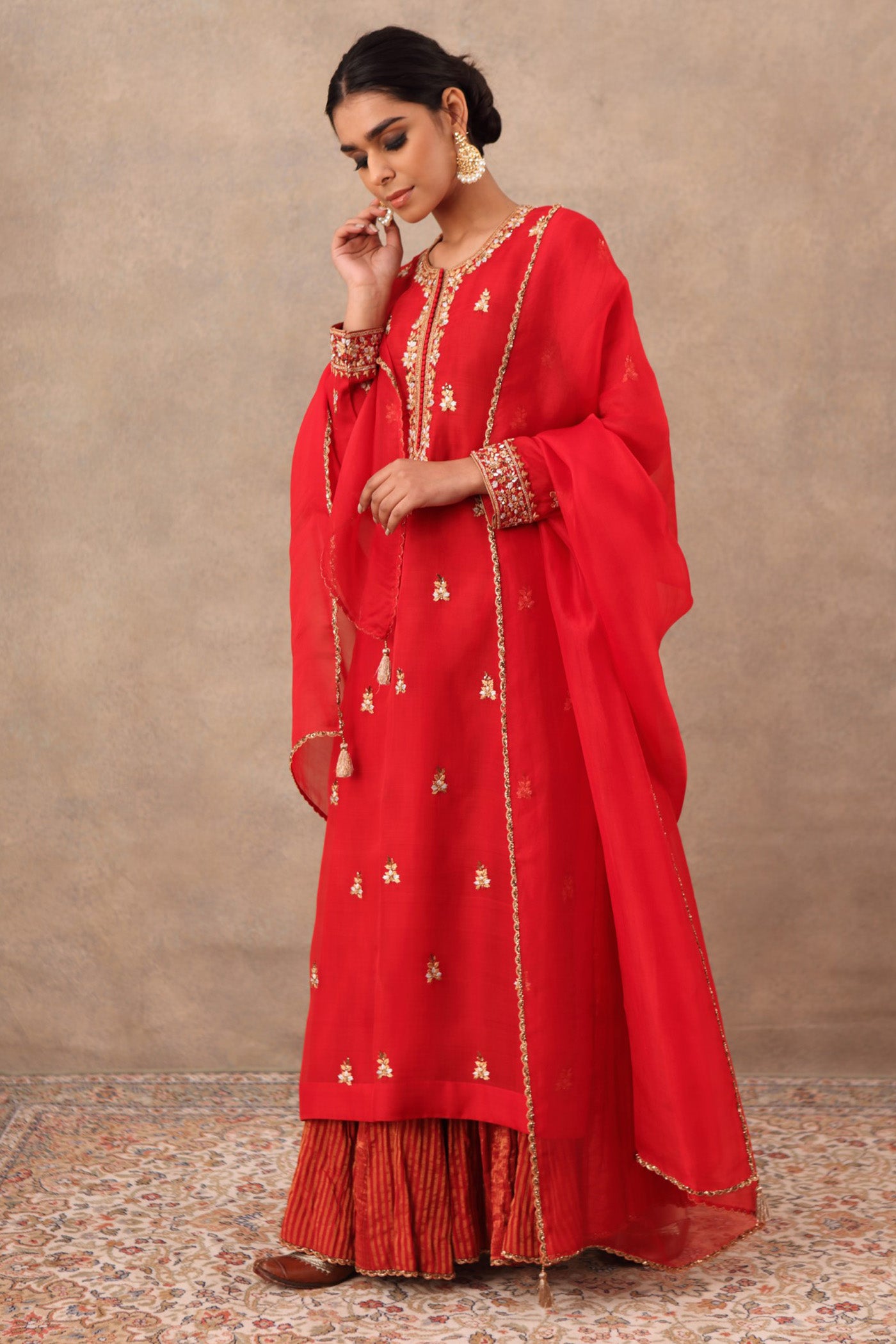 Hand Embroidered Bridal Red Pure Katan Silk Kurta Sharara Set