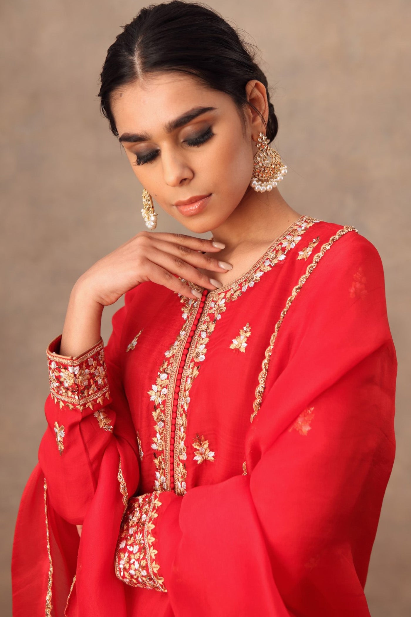 Hand Embroidered Bridal Red Pure Katan Silk Kurta Sharara Set