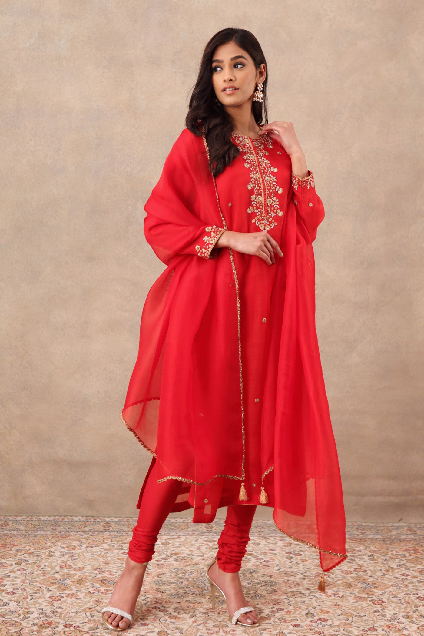 Hand Embroidered Bridal Red Pure Katan Silk Kurta Churidaar Set