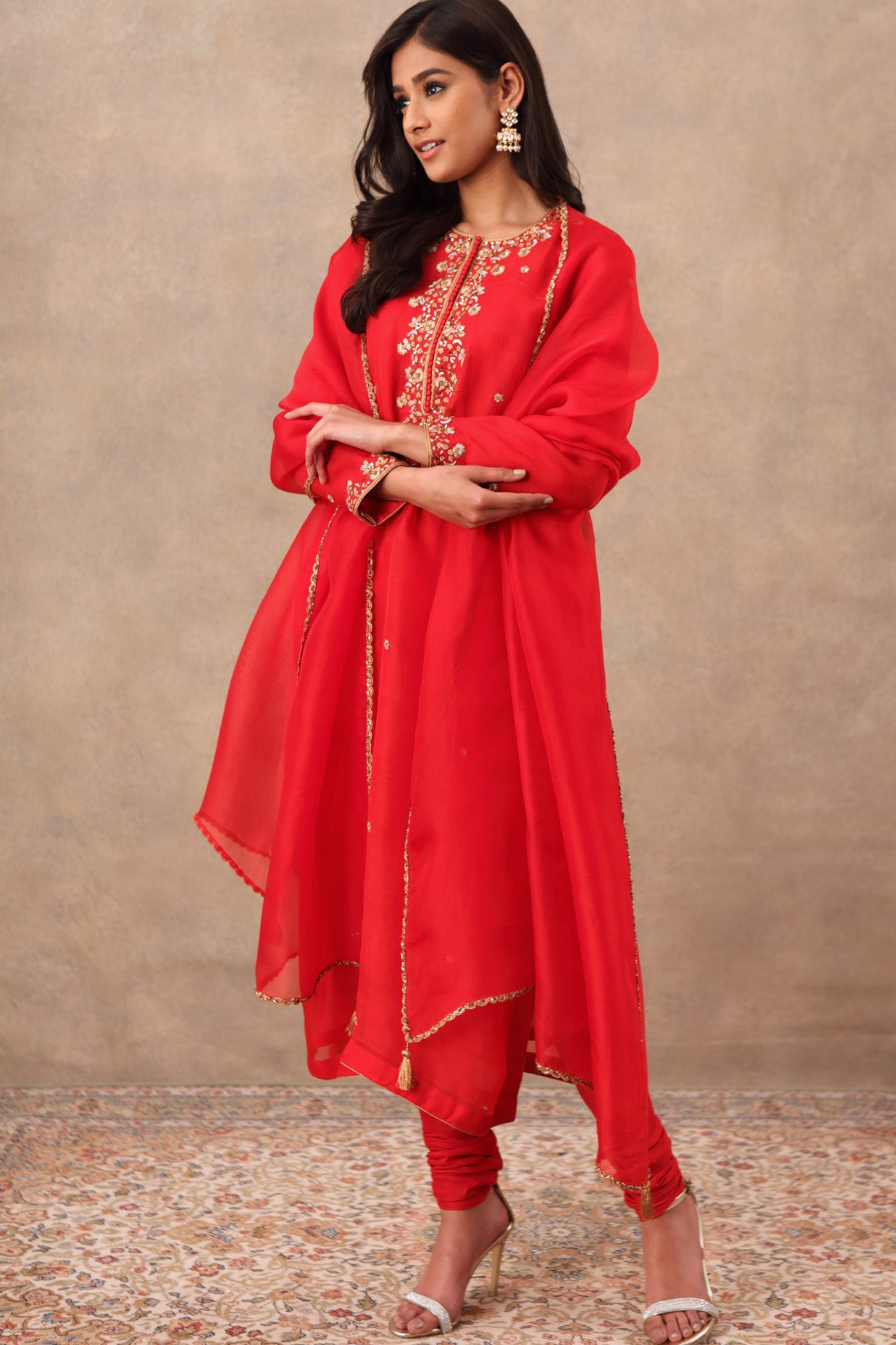 Hand Embroidered Bridal Red Pure Katan Silk Kurta Churidaar Set