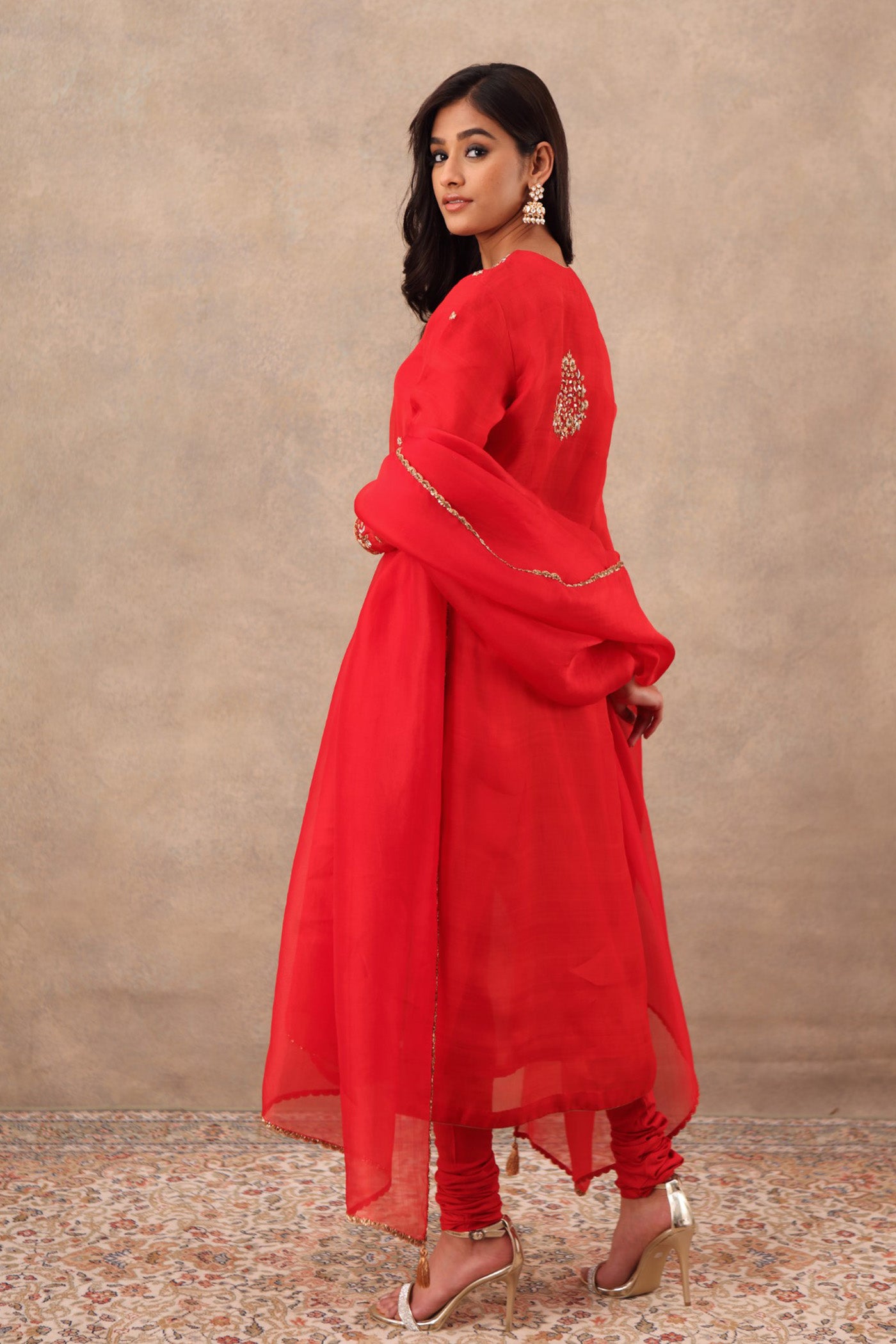 Hand Embroidered Bridal Red Pure Katan Silk Kurta Churidaar Set