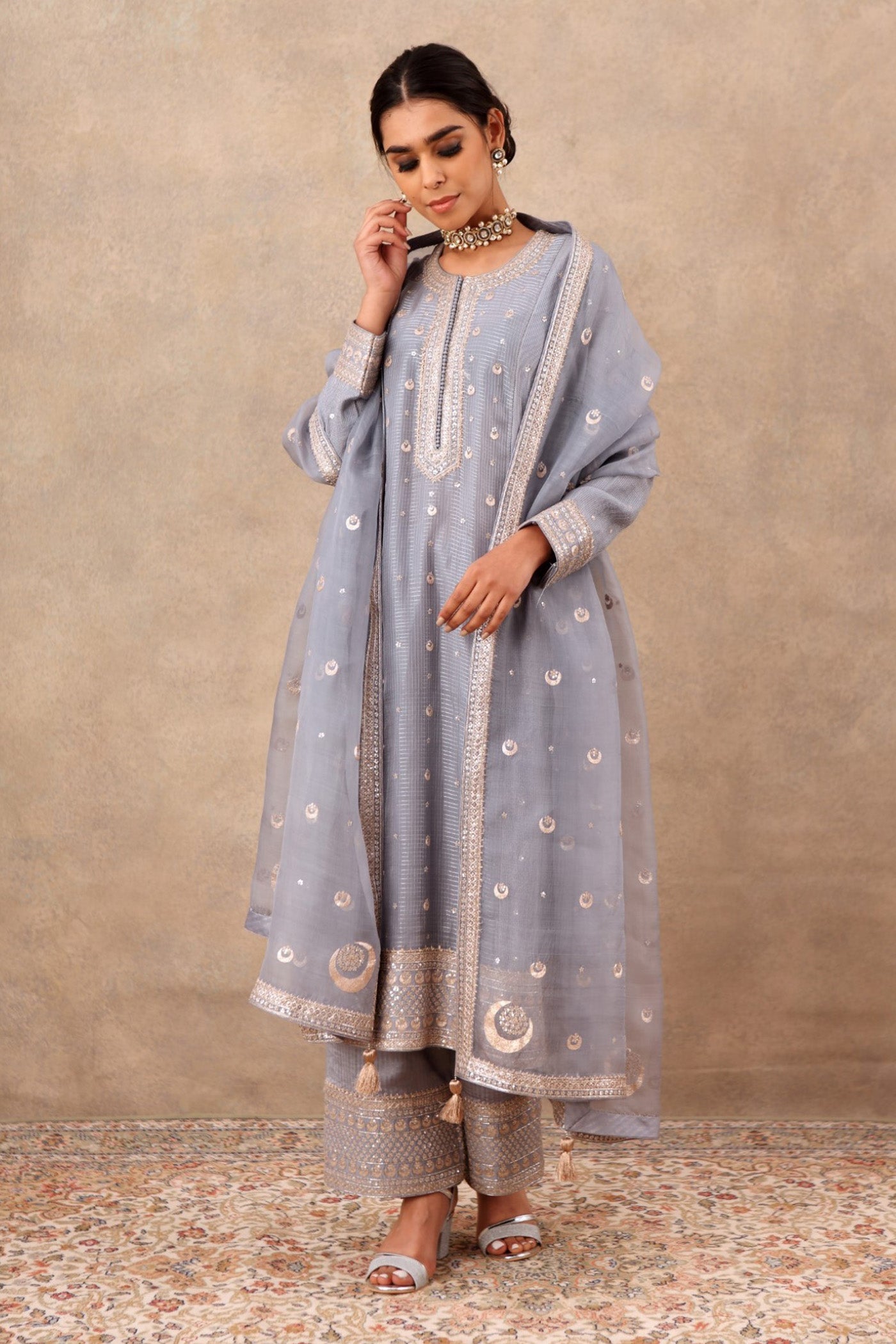 Hand Embroidered Dusty Blue Pure Cotton Silk Kurta Palazzo Set