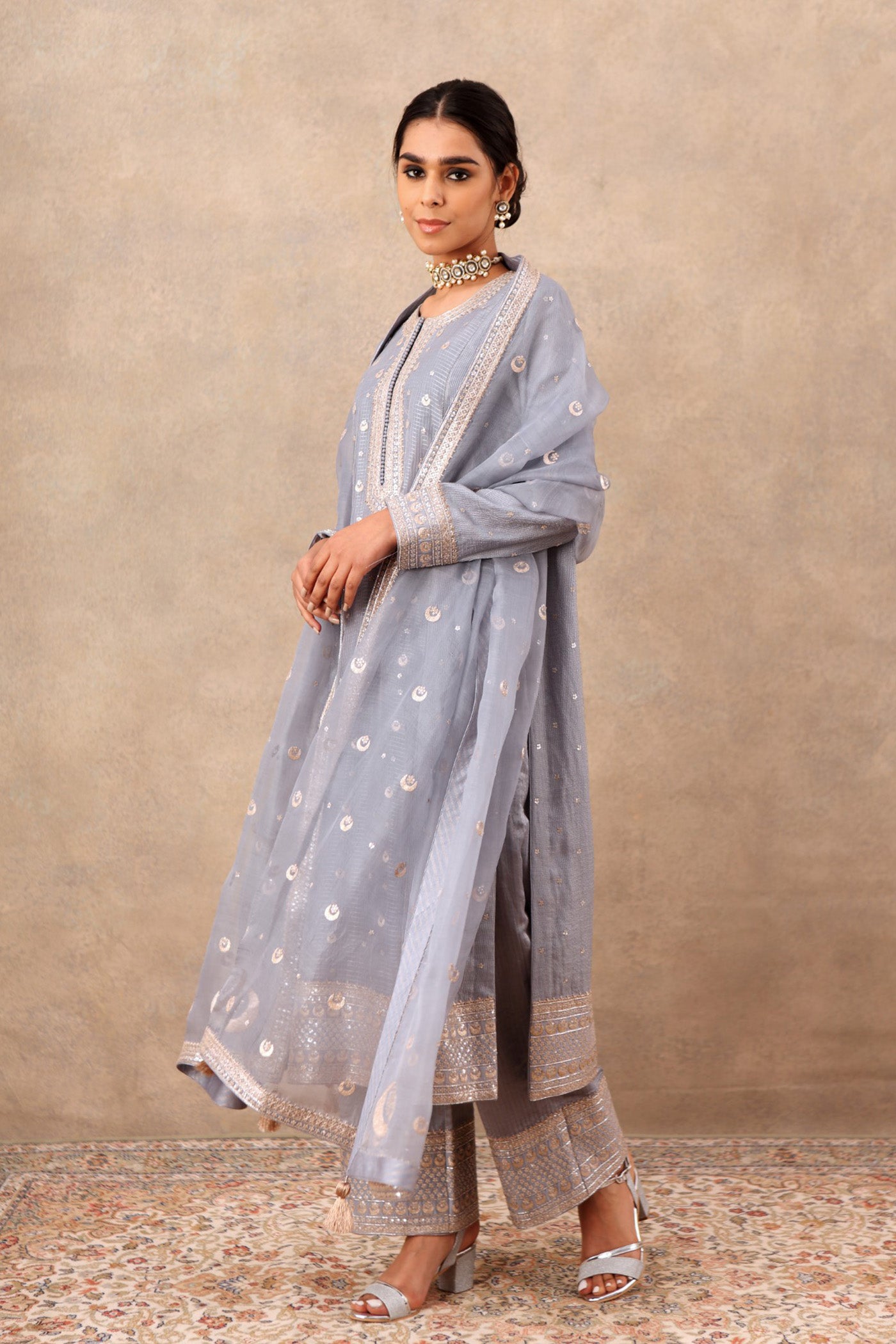 Hand Embroidered Dusty Blue Pure Cotton Silk Kurta Palazzo Set