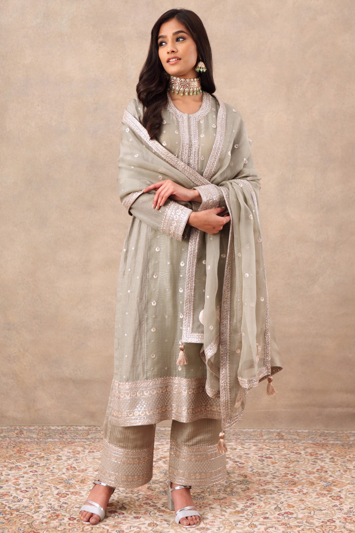 Hand Embroidered Fern Green Pure Cotton Silk Kurta Palazzo Set