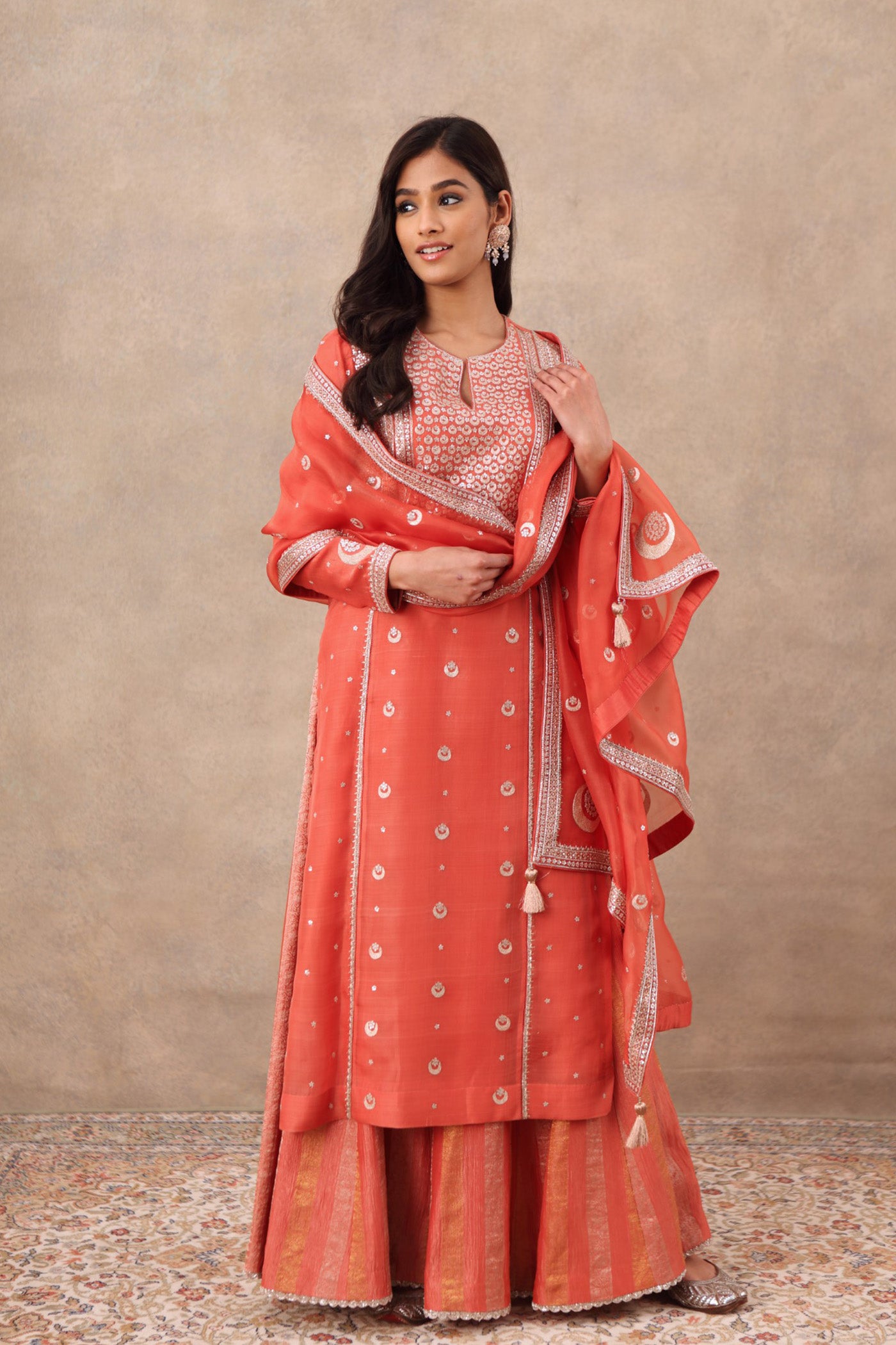 Hand Embroidered Burnt Coral Pure Katan Silk Kurta Sharara Set