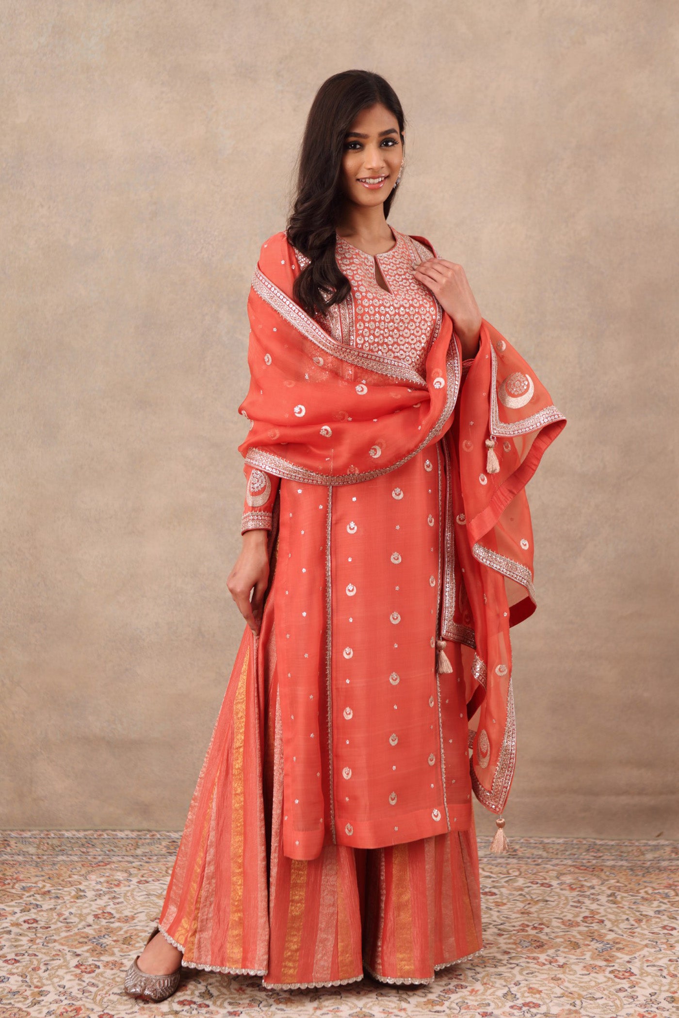 Hand Embroidered Burnt Coral Pure Katan Silk Kurta Sharara Set